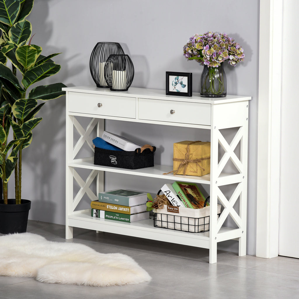 39" Console Table, Narrow Entryway Table with Storage Shelves, Drawers and X Frame for Behind Couch, Living Room, Hallway, Black