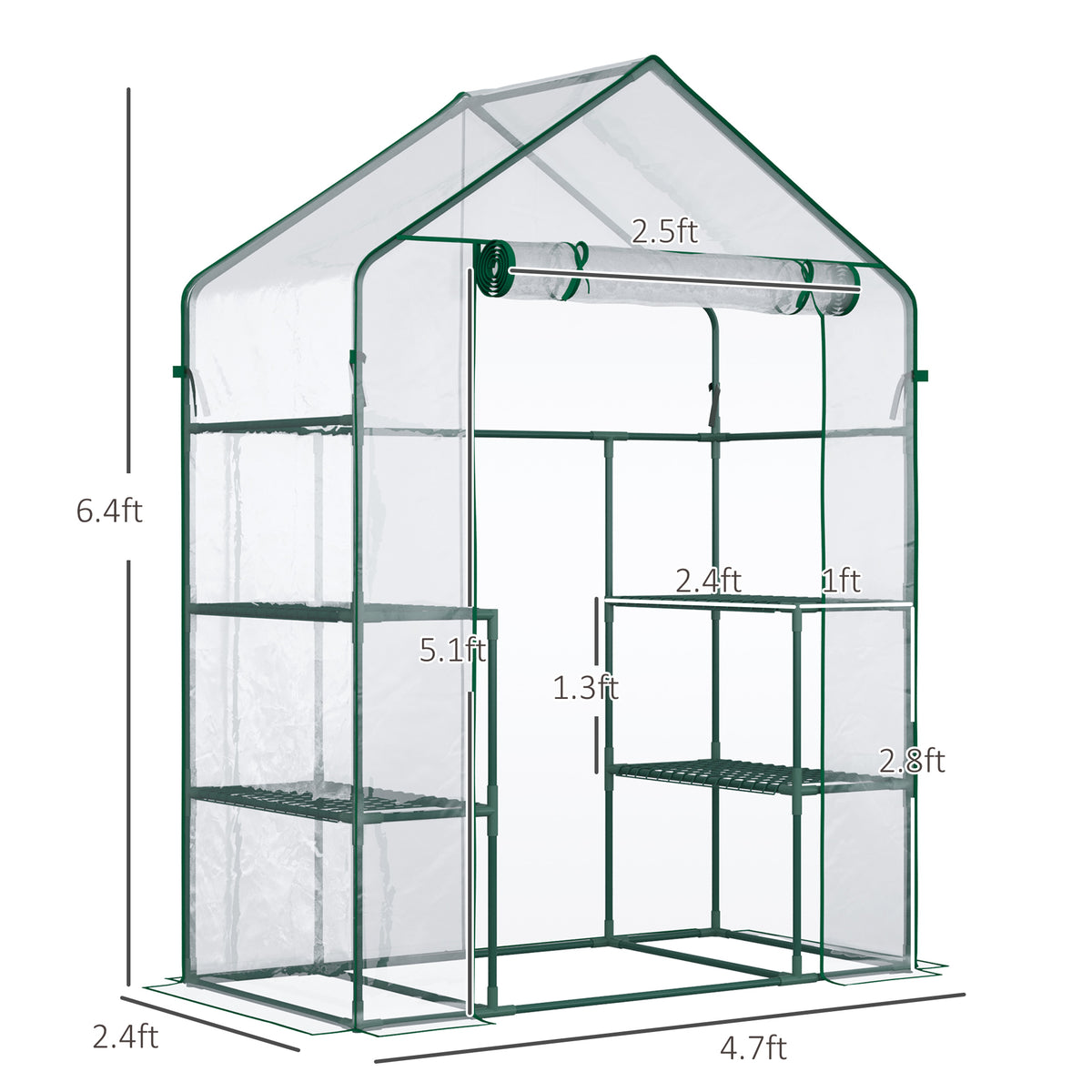 56" x 29" x 77" Walk-in Greenhouse, Mini Greenhouse with 4 Shelves, Roll-Up Door and Weatherized Cover, Clear