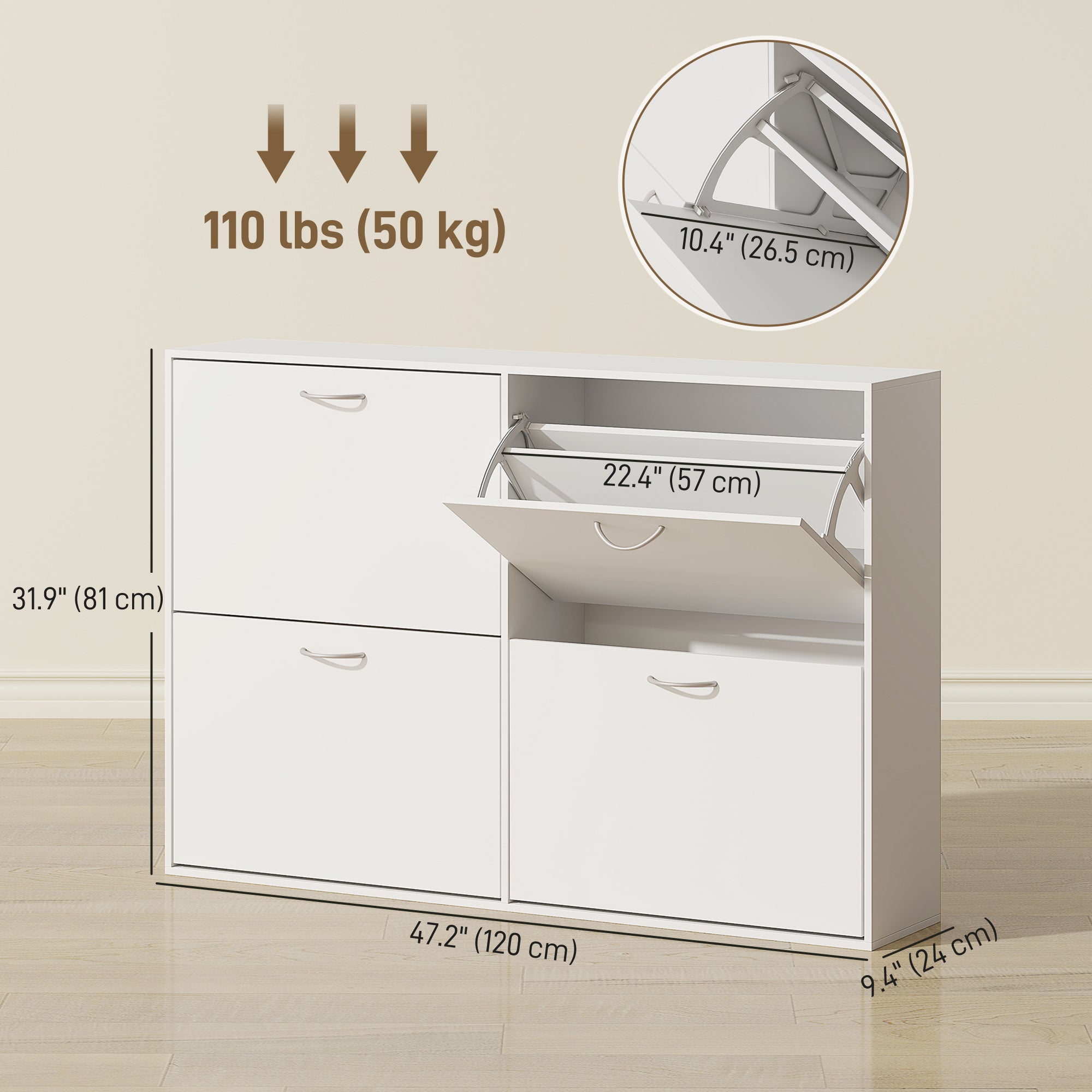 Flip Down Shoe Rack, Multi Cabinet, Wooden Shoe Shelf, Entryway, 4 Drawer Organizer, Freestanding Unit, White