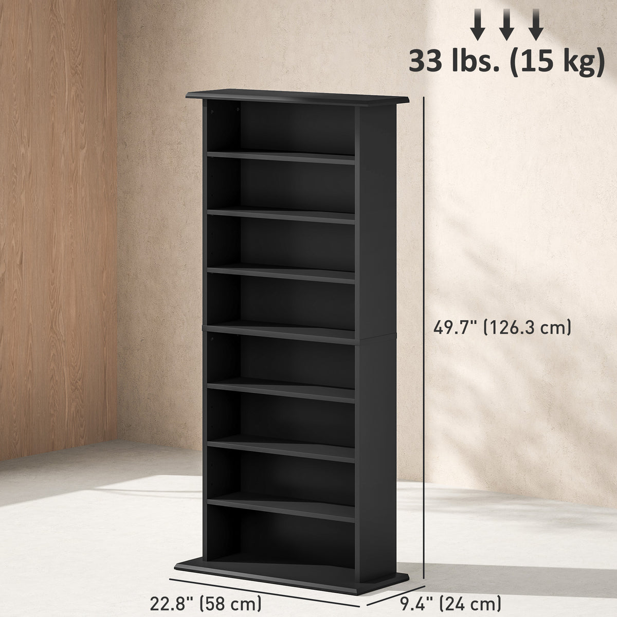 8-Tier DVD Shelf with 6 Adjustable Shelves, Slim CD Shelf, Holds 360 CDs, 185 DVDs or 185 Blu-rays, White