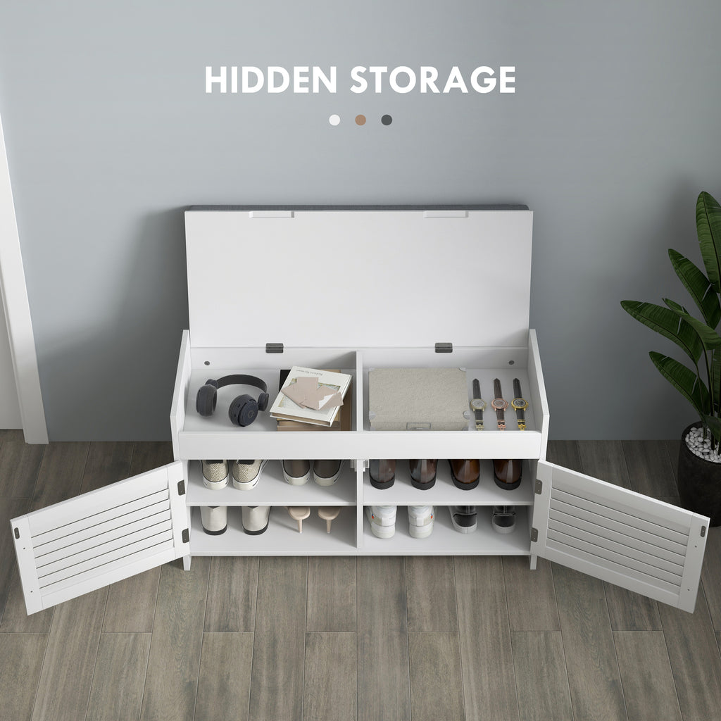 Entryway Bench with Cushion, Hidden Storage, Adjustable Shelves and Shutter Doors, 35.4" Shoe Bench, White