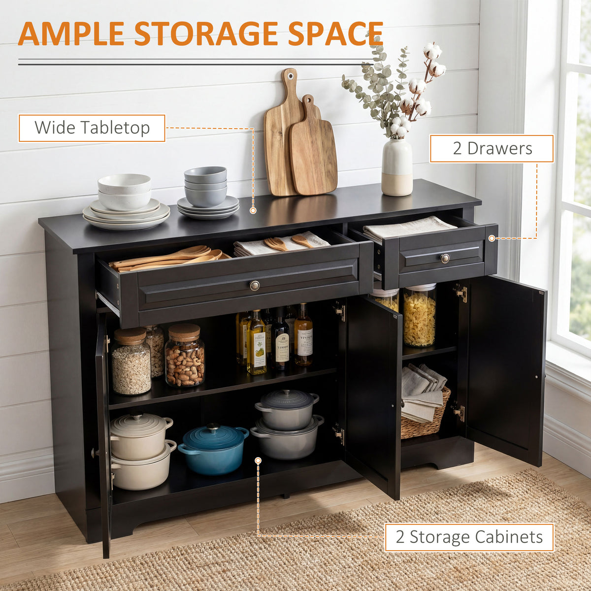Modern Sideboard Cabinet, Buffet Cabinet with 2 Drawers and Adjustable Shelves, Buffets Tables for Dining Room, Black