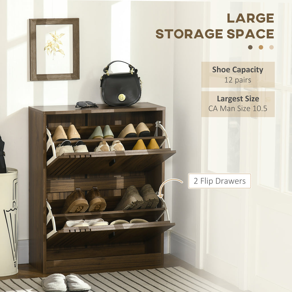 Shoe Storage Cabinet Organizer for 12 Pairs of Shoes with 2 Flip Drawers and Adjustable Shelves, Walnut
