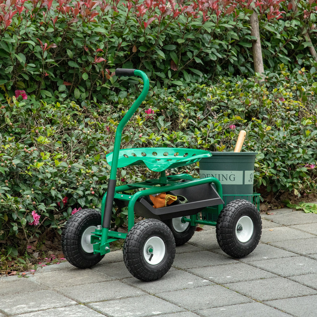 Garden Scooter, Rolling Cart with Swivel and Adjustable Seat, Tool Tray, Bucket Basket, Red and Black