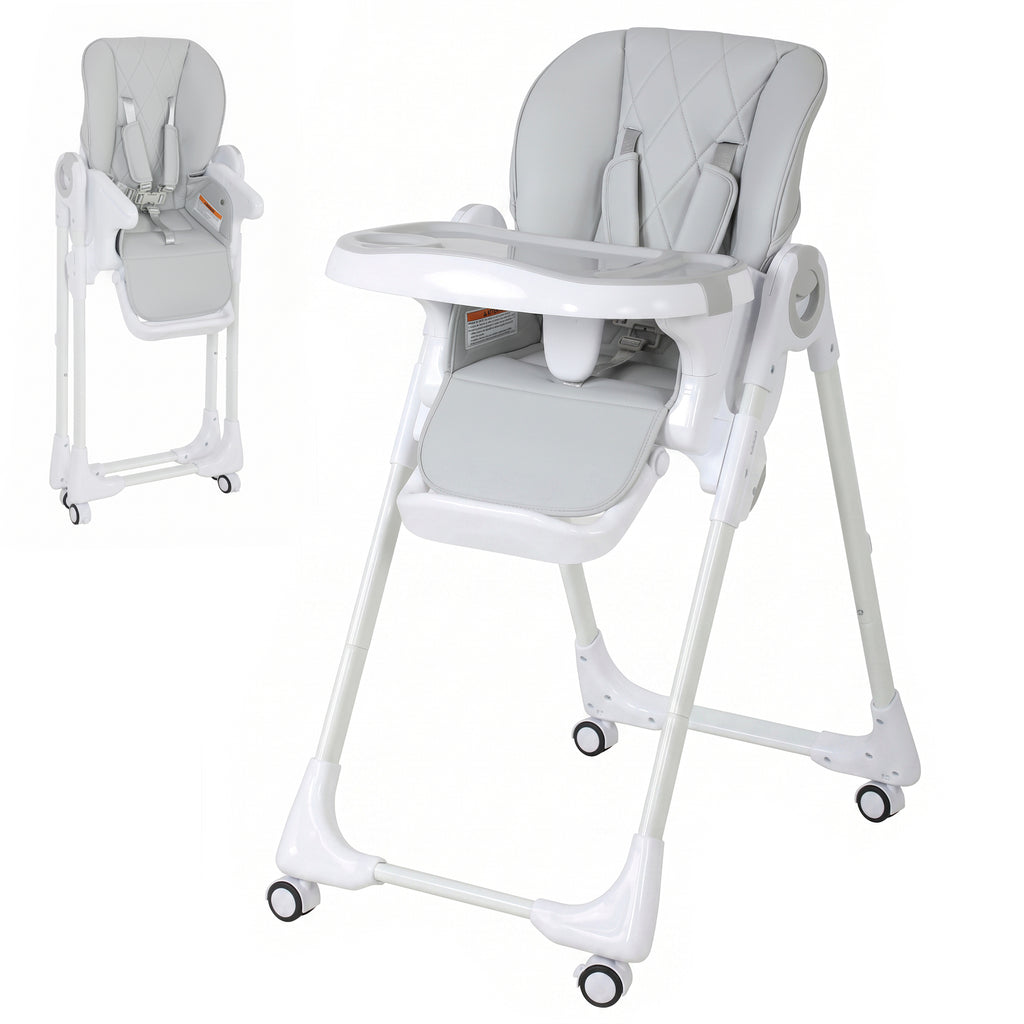 Qaba High Chair with Wheels, Double Tray, Foldable Baby Seat with Adjustable Seat Height, Backrest, Footrest and Tray, Grey