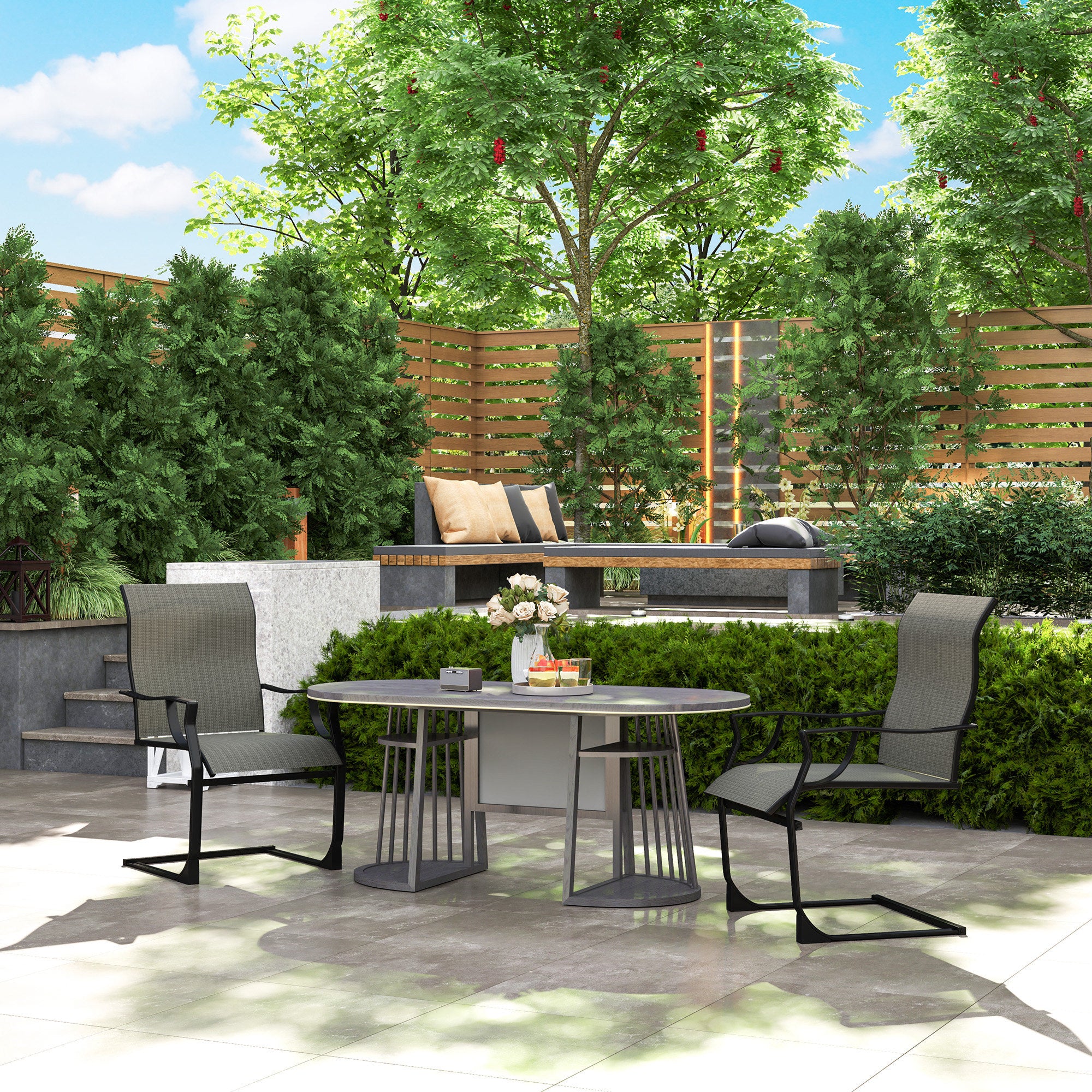 C Spring Motion Patio Chairs Set of 2 with Curved High Backrest, Armrest, All Weather Breathable Fabric, Metal Frame