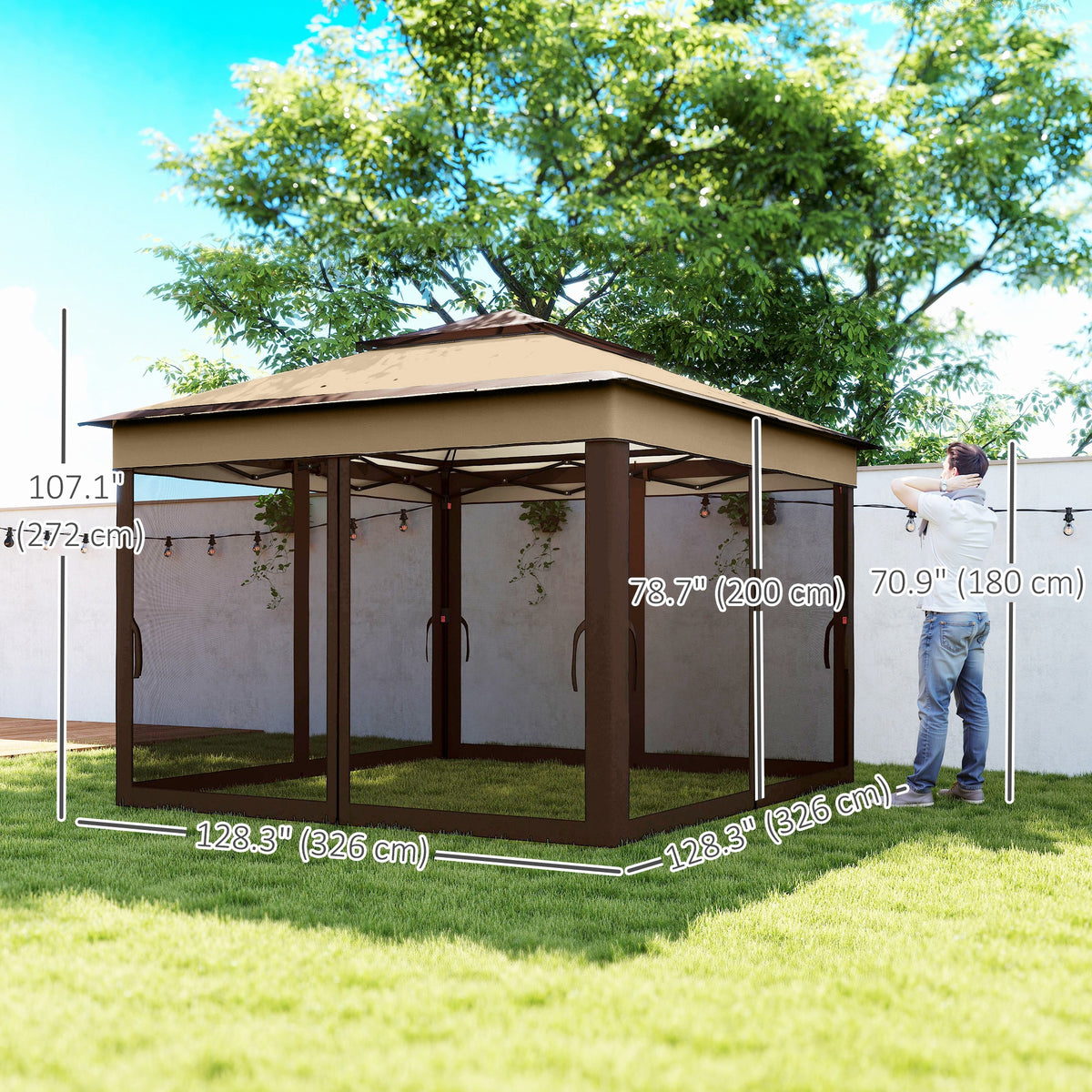 10.7 x 10.7ft Pop Up Gazebo, Adjustable Instant Sun Shelter with UV30+ Roof Cover, Removable Mesh Curtains, Beige