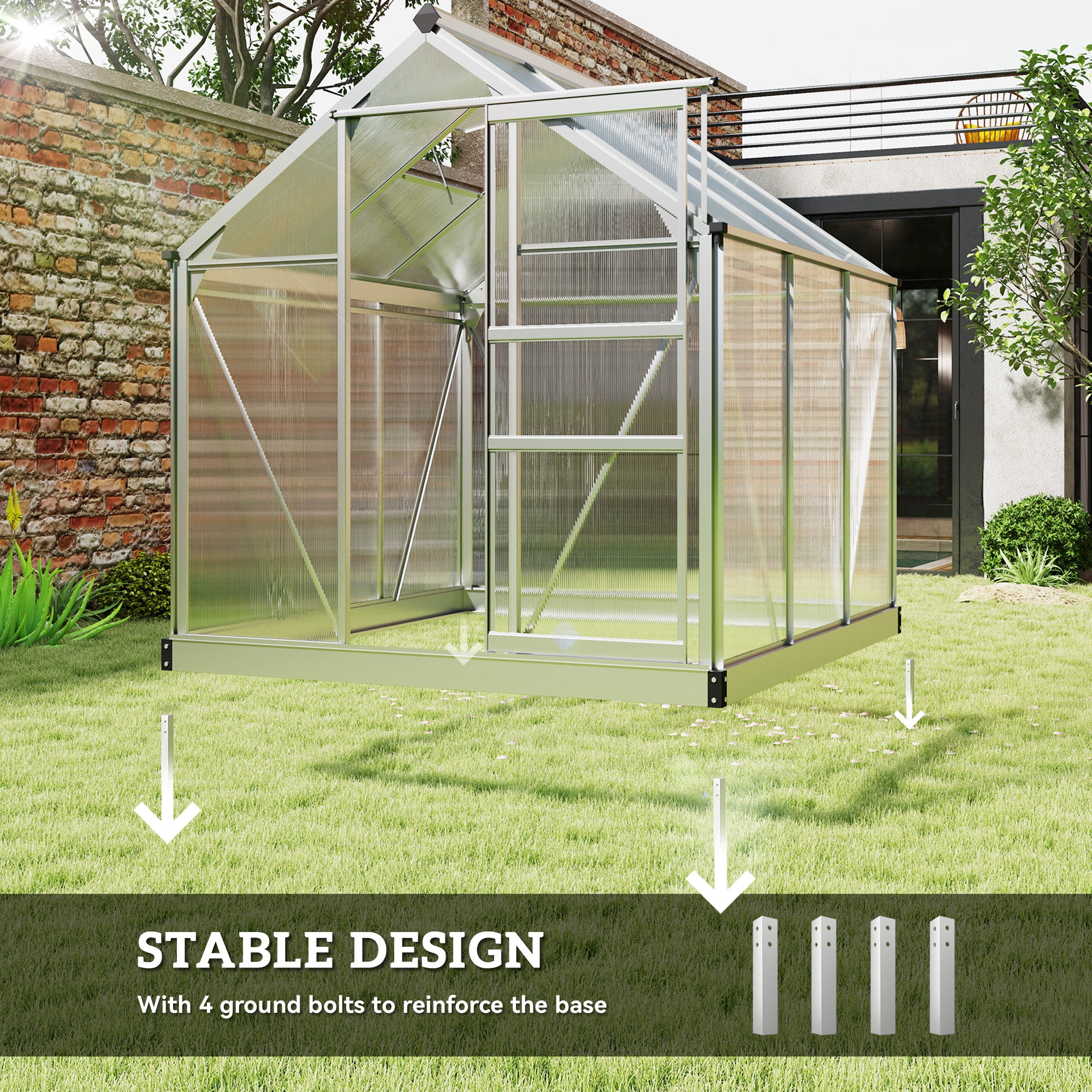 6' x 4' x 6.6' Polycarbonate Greenhouse, Walk-In Green House Kit Garden, Plants Grow, Galvanized Sheet Aluminum Frame with Rain Gutter, Vent and Sliding Door, Silver