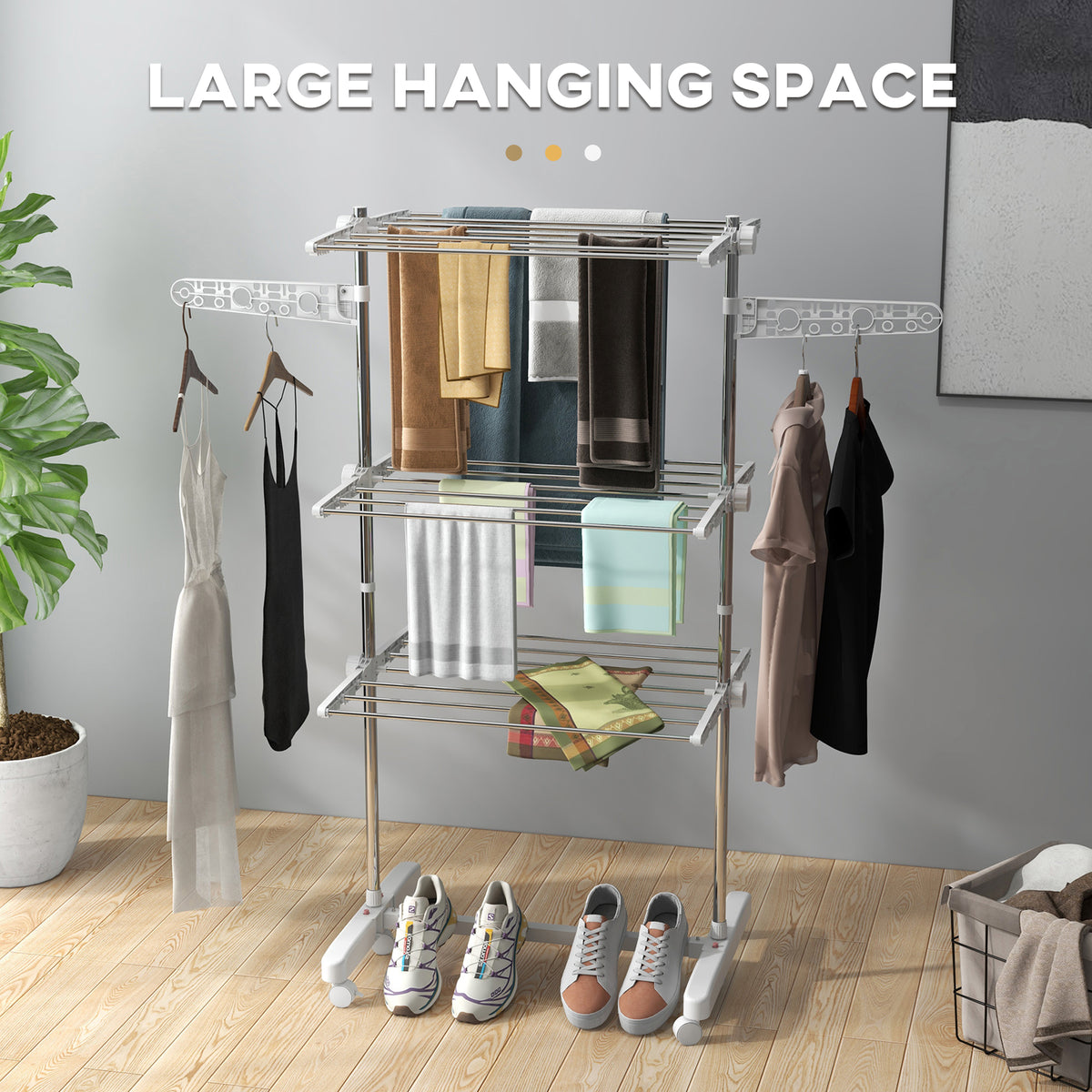 3-Tier Foldable Clothes Drying Rack, Stainless Steel Laundry Rack with 2 Side Wings and 6 Castors, Collapsible Adjustable Clothes Airer for Indoor Outdoor, White