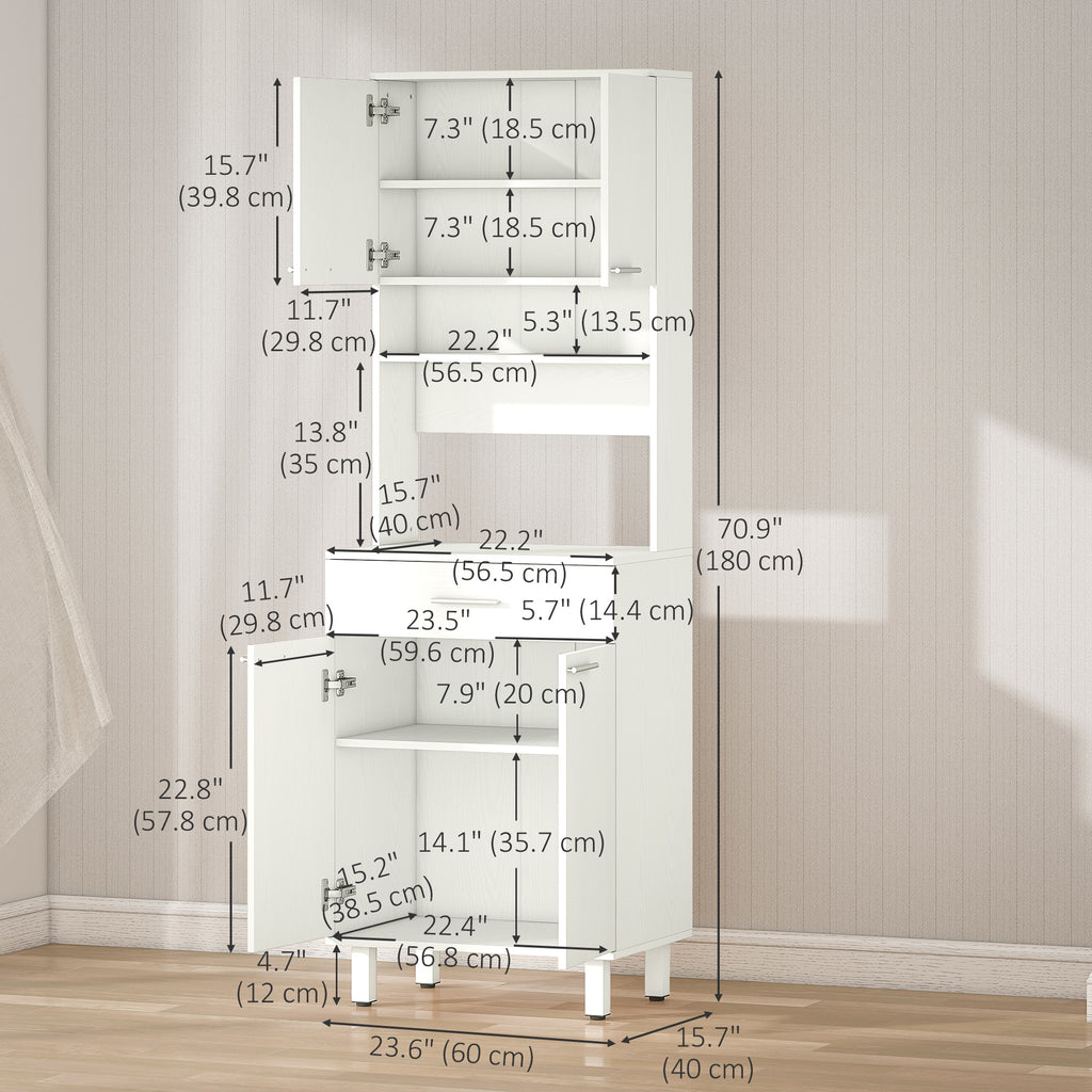 71"H Freestanding Kitchen Pantry, Buffet Cabinet with Hutch, Storage Cabinet with Drawer, Doors and Microwave Stand, White