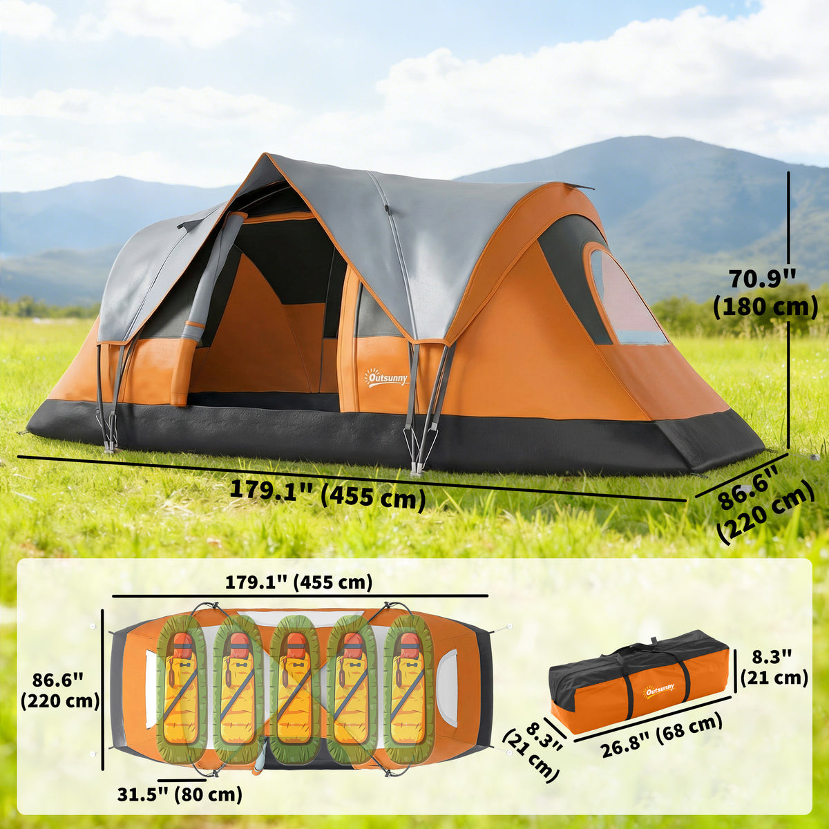 5-6 Person Family Tent, Outdoor Camping Tent with Lighting Hook, Carrying Bag for Camping, Hiking and Travelling Orange