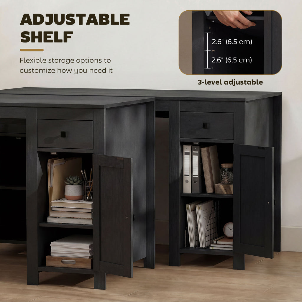 53" Farmhouse Executive Desk, Computer Desk with Drawers and 2 Cabinets, Study Table for Home Office, Black Wood Grain