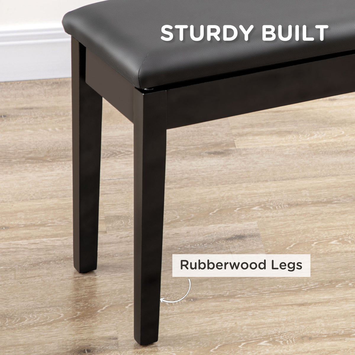 Classic Piano Bench Stool, PU Leather Padded Keyboard Seat with Rubber Wood Legs and Music Storage Compartment, Smooth Seat, Black