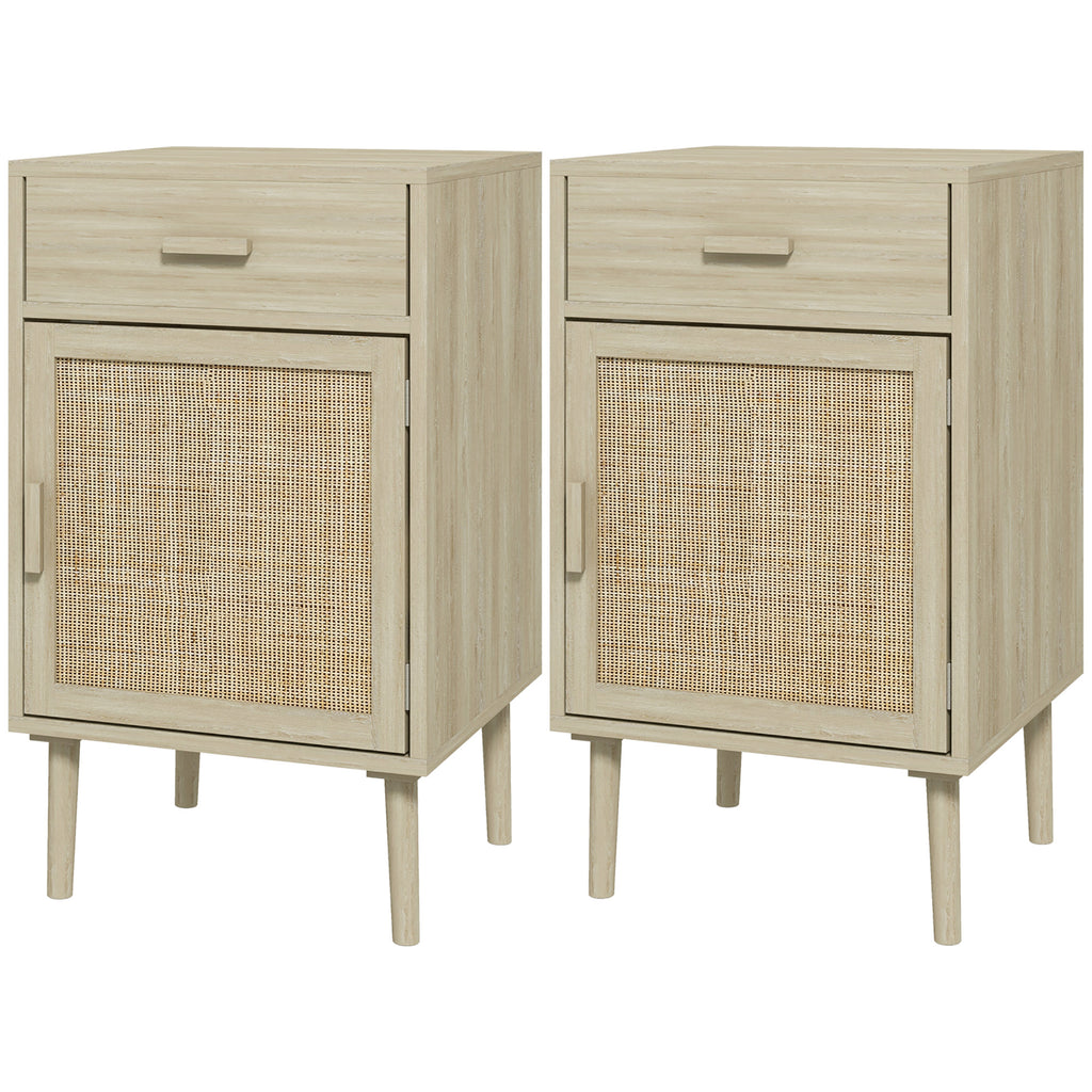 Boho Bedside Tables Set of 2, Nightstands with Drawer, Rattan Cabinet, Adjustable Shelf for Bedroom, Living Room, Black