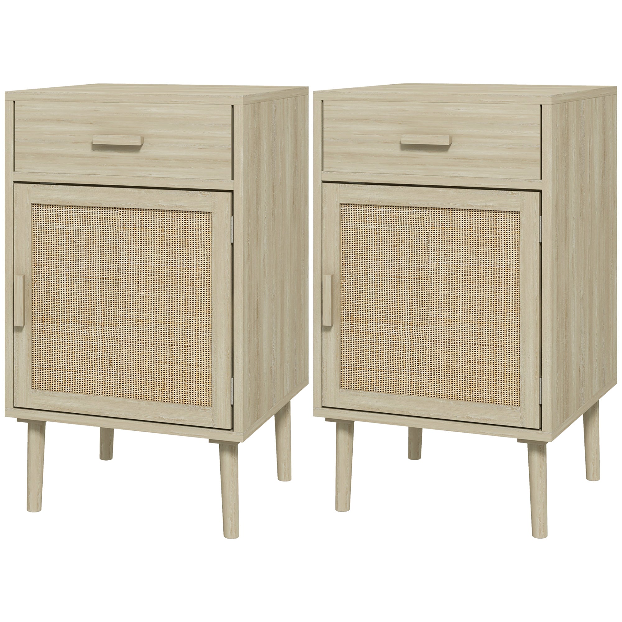 Boho Bedside Tables Set of 2, Nightstands with Drawer, Rattan Cabinet, Adjustable Shelf for Bedroom, Living Room, Black