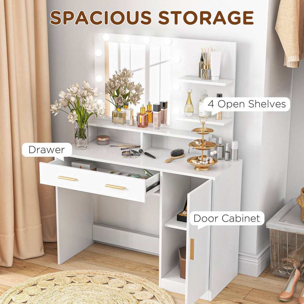 Illuminated Dressing Table Set, LED Vanity Table Set with Stool, LED Mirror, Drawer and Cabinet Shelves for Bedroom