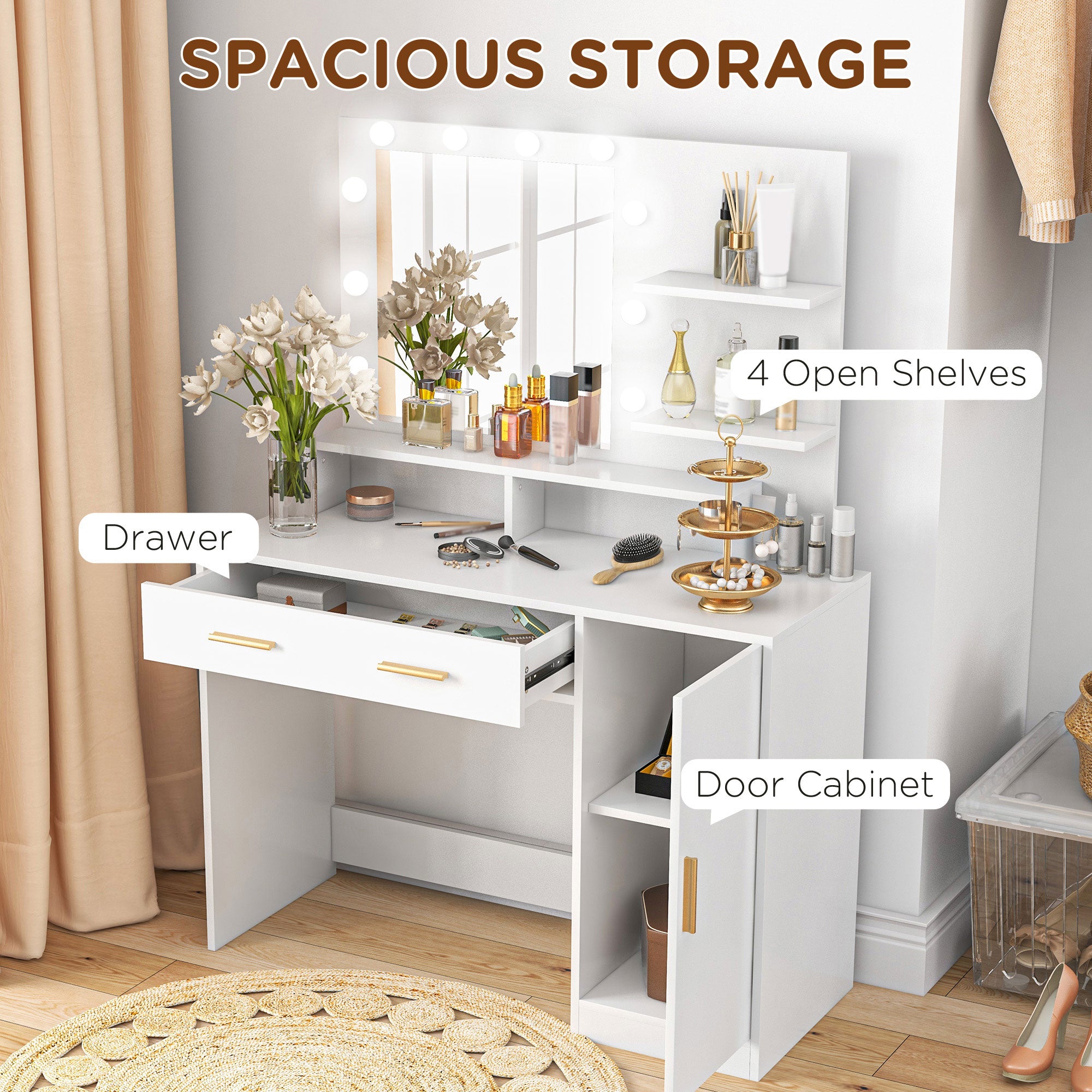 Illuminated Dressing Table Set, LED Vanity Table Set with Stool, LED Mirror, Drawer and Cabinet Shelves for Bedroom