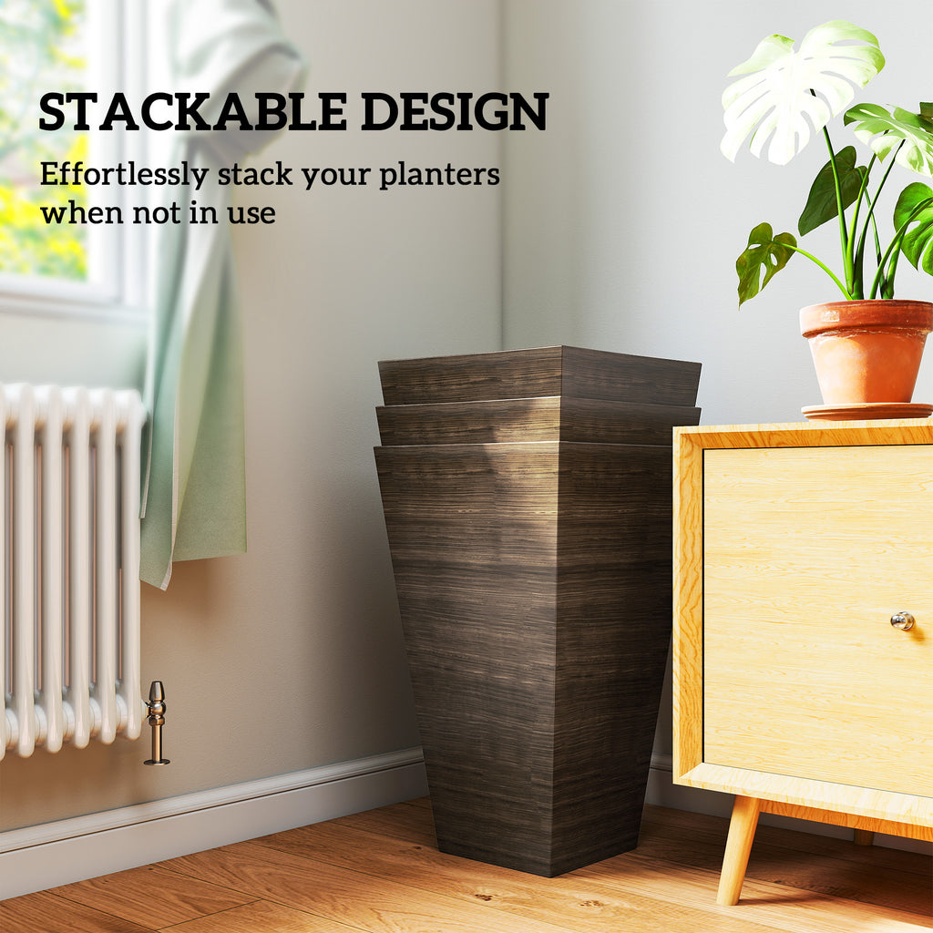 Tall Planter for Outdoor Plants Set of 3, 28 Inch Taper Planter with Drainage Holes, Brown