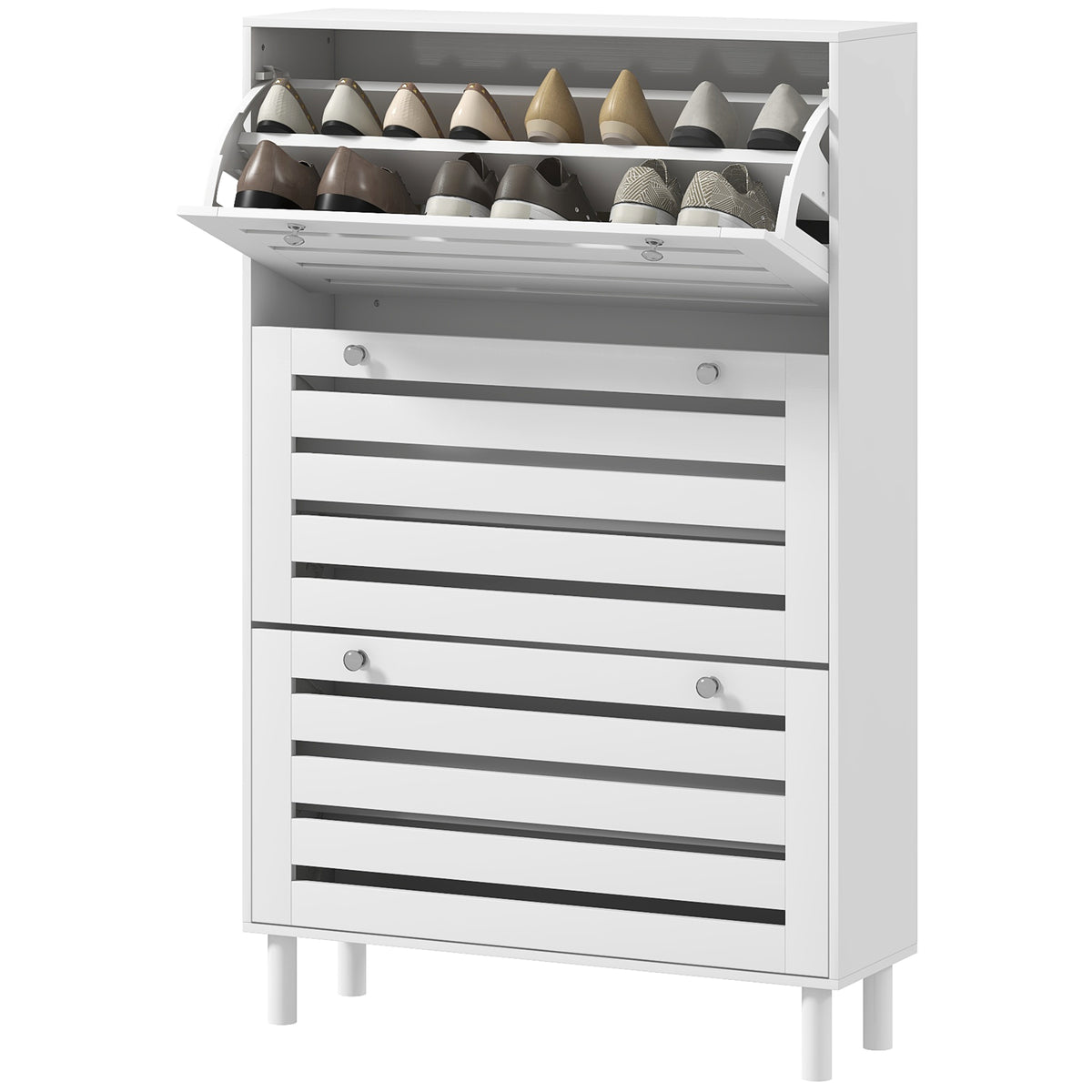 Narrow Shoe Storage Cabinet, 3 Flip Drawers, Adjustable Shelves, 18-24 Pairs Capacity, White