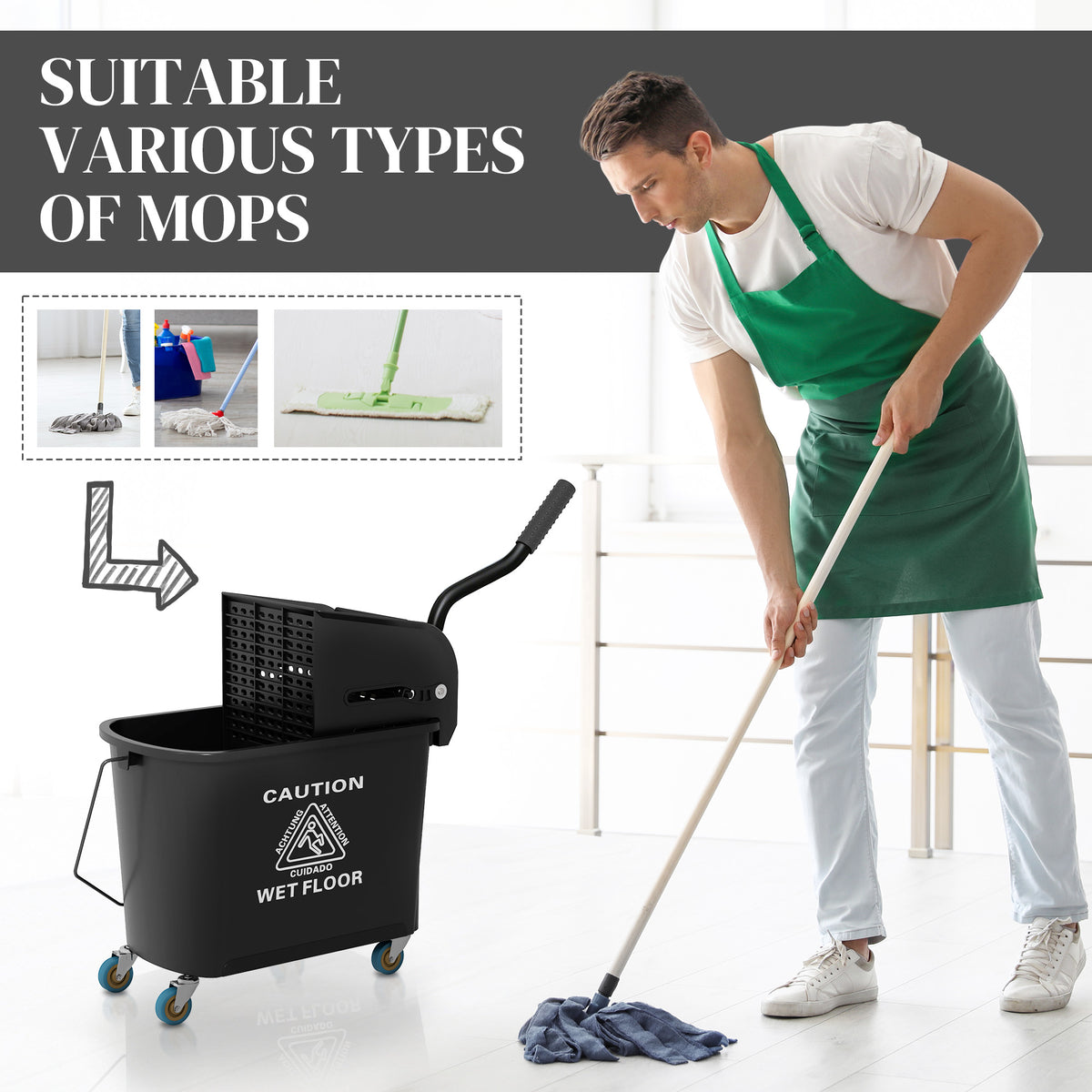 Compact Mop Bucket with Wringer, Mop Bucket on Wheels, 5 Gallon, Separate Dirty and Clean Water, Yellow