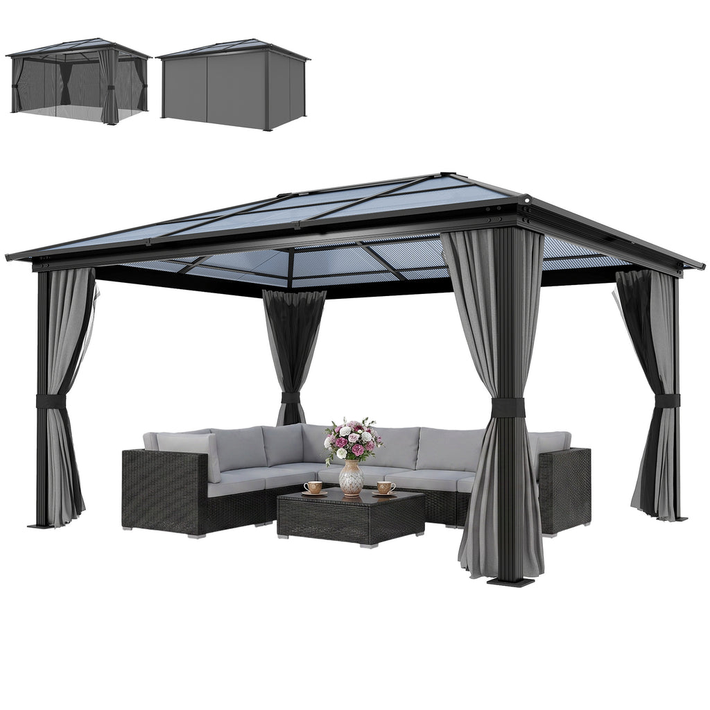 12' x 15' ሃርድቶፕ ጋዜቦ ካኖፒ ብፖሊካርቦኔት ጣሪያ፣ ኣሉሚኒየም ፍሬም፣ መርበብ፣ መጋረጃታትን ጣሪያ ሁክን፣ ጸሊም ግራጫ