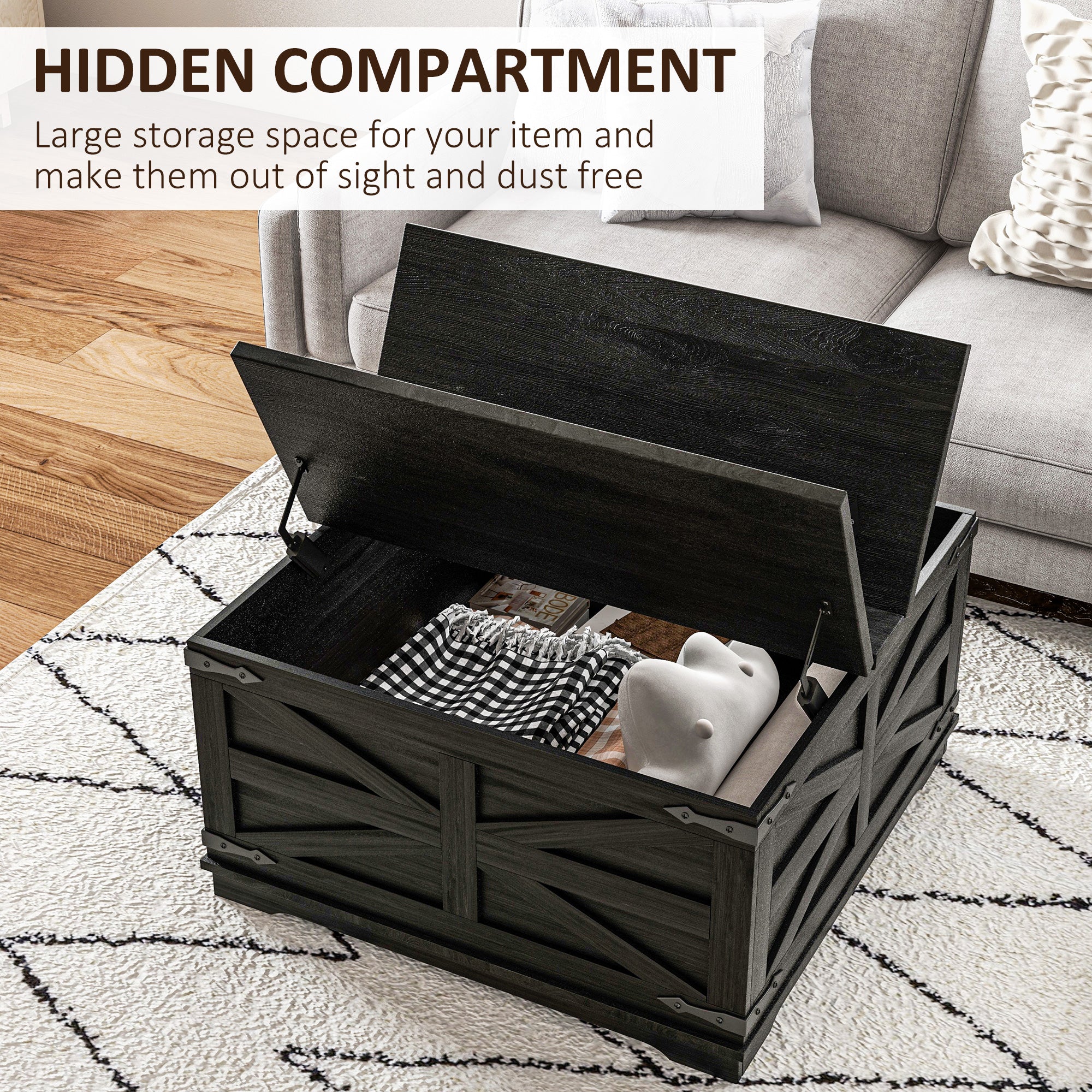 Farmhouse Coffee Table, Square Center Table with Flip-top Lids, Hidden Storage Compartment, Black