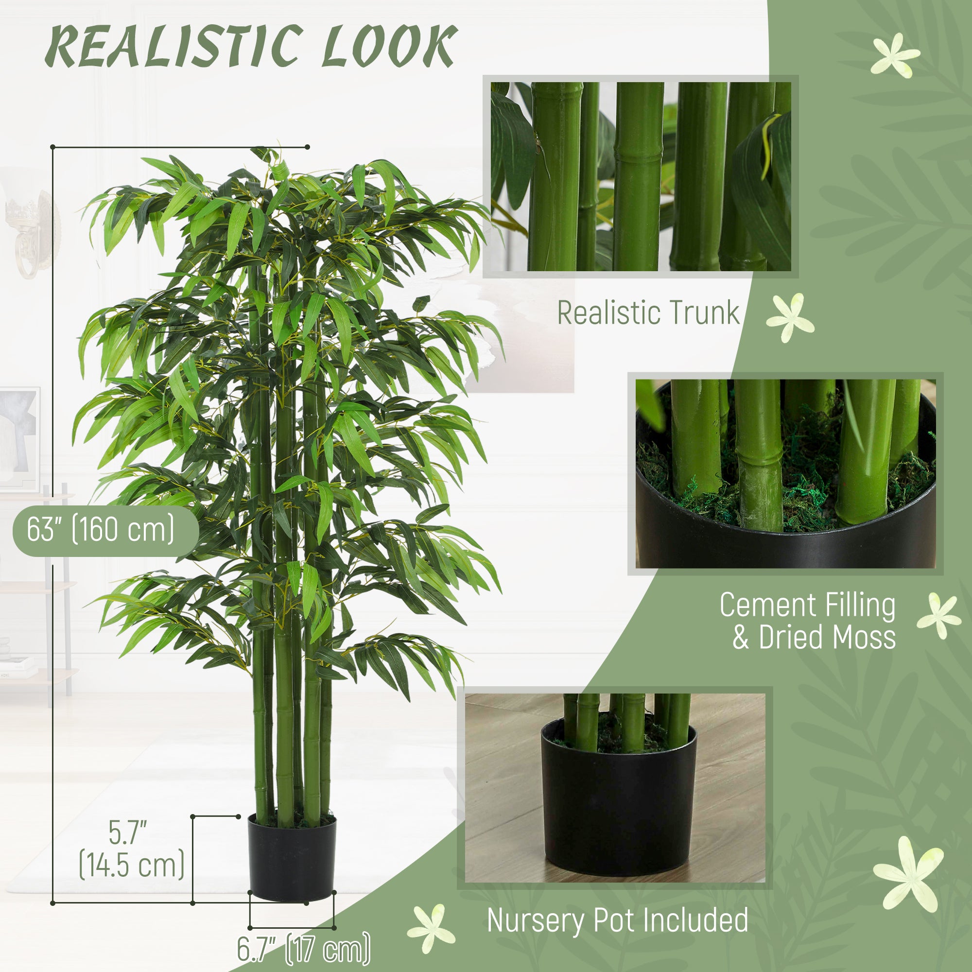 5.3ft Artificial Tree Set of 2, Indoor Fake Bamboo with Pot, for Home, Office, and Living Room Decor