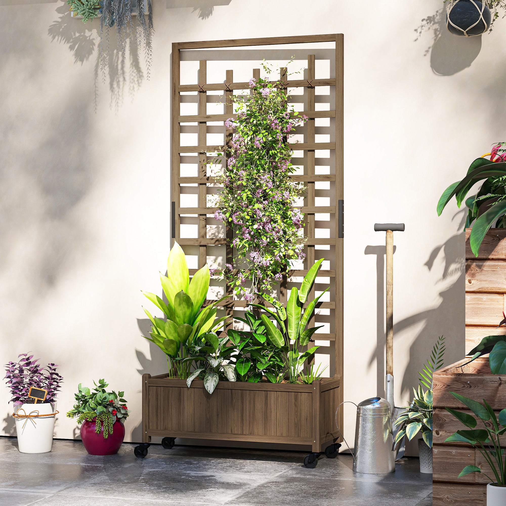 Wooden Planter with Trellis, Raised Garden Bed with Wheels, Drainage Holes for Climbing Plants, Flowers, Brown
