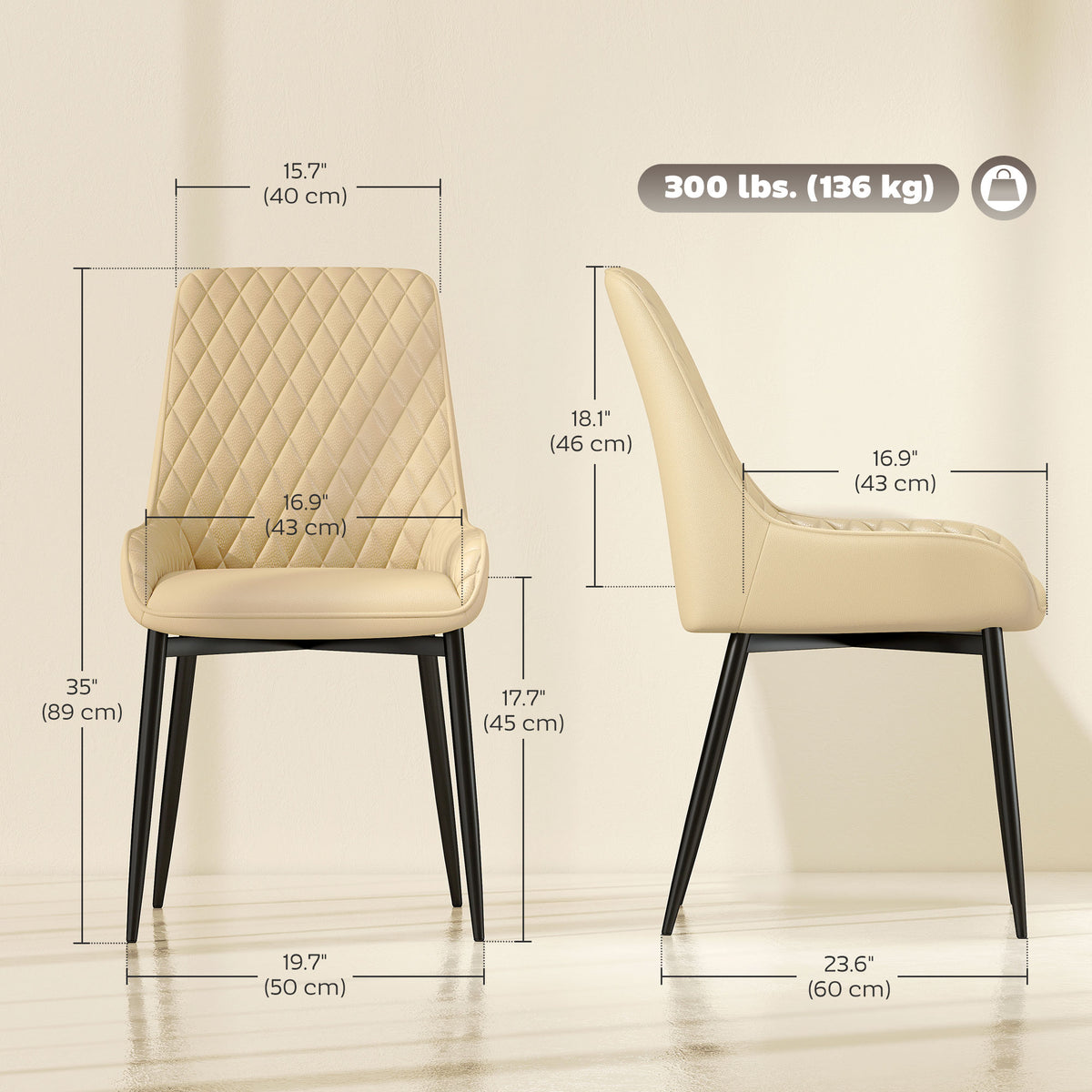 Upholstered Kitchen Chairs, Modern Dining Chairs Set of 2 with Diamond Tufting and Steel Legs for Dining Room, Khaki