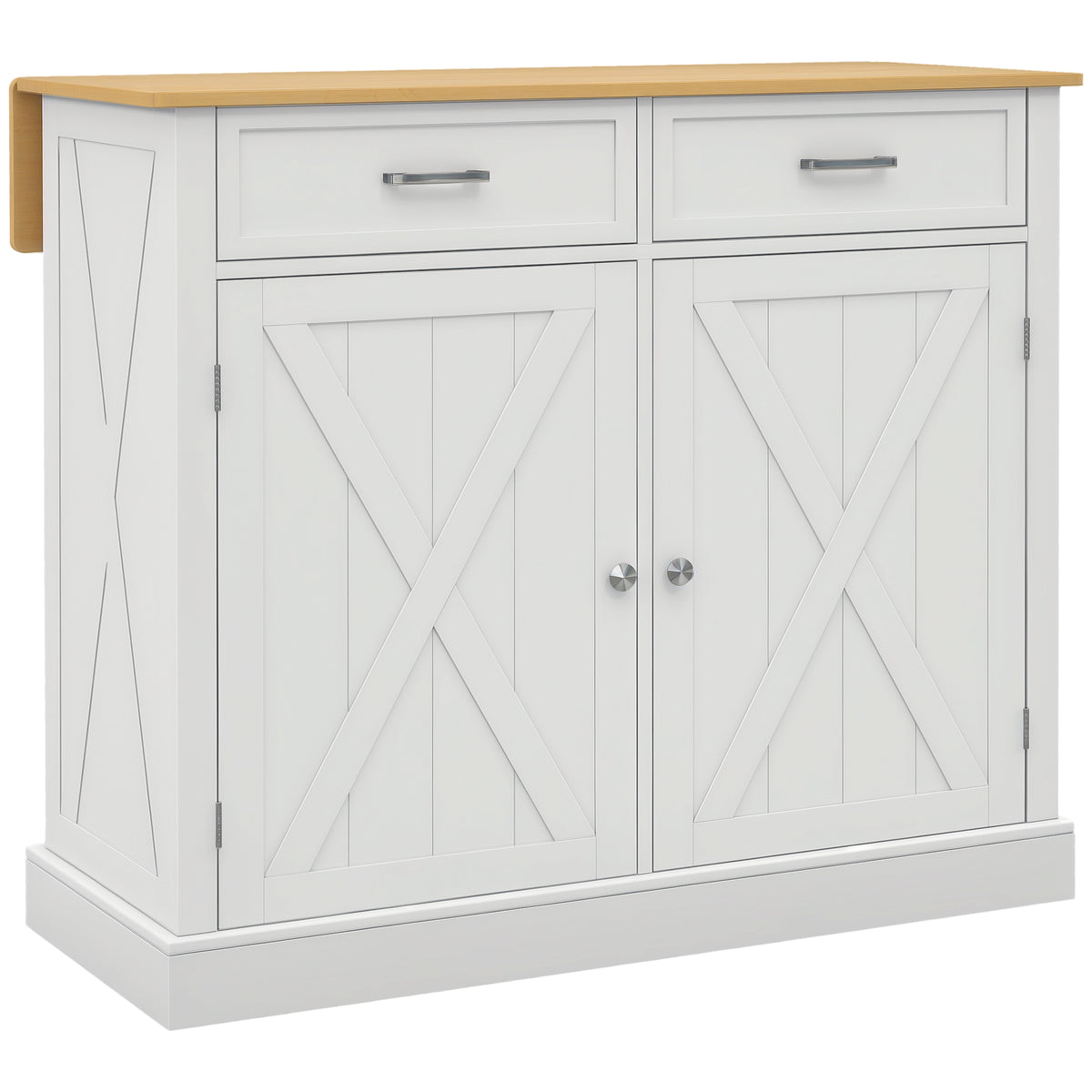 Rolling Kitchen Island with Drop Leaf Wood Breakfast Bar, Farmhouse Kitchen Cart with 2 Drawers, Adjustable Shelves for Dining Room, White