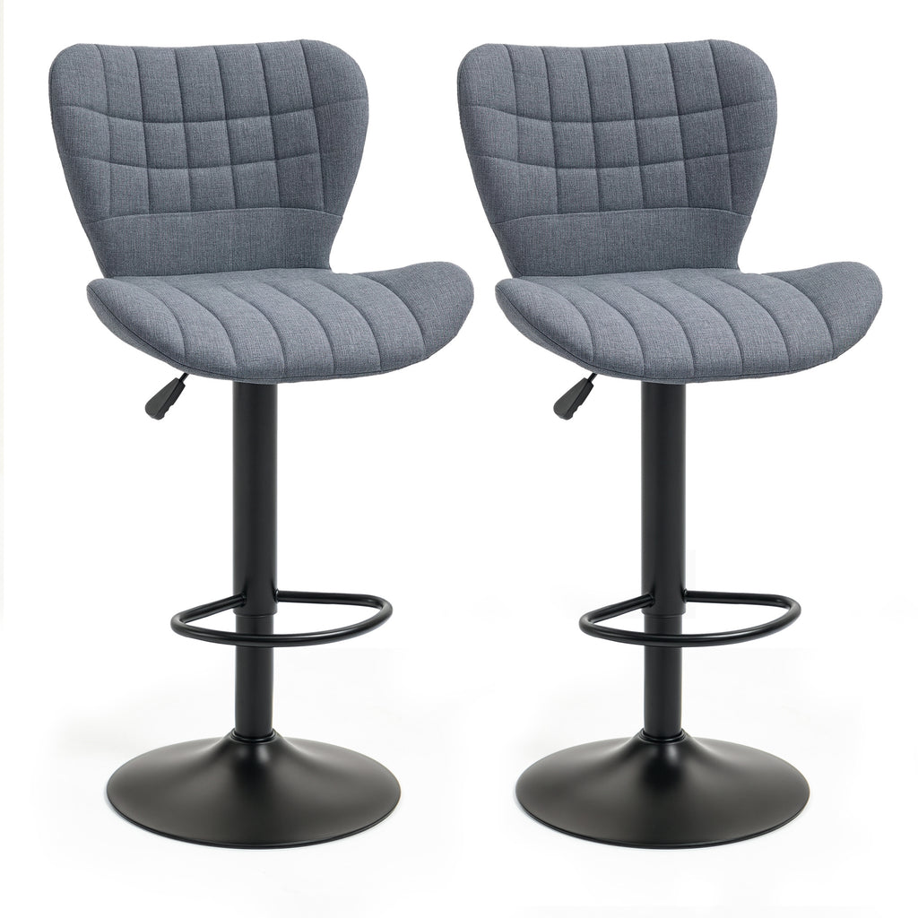 Bar Stools Set of 2, Adjustable Height Swivel Bar Chairs, Linen-feel Fabric Upholstered Kitchen Counter Stools with Wide Seat, Back and Footrest, Grey