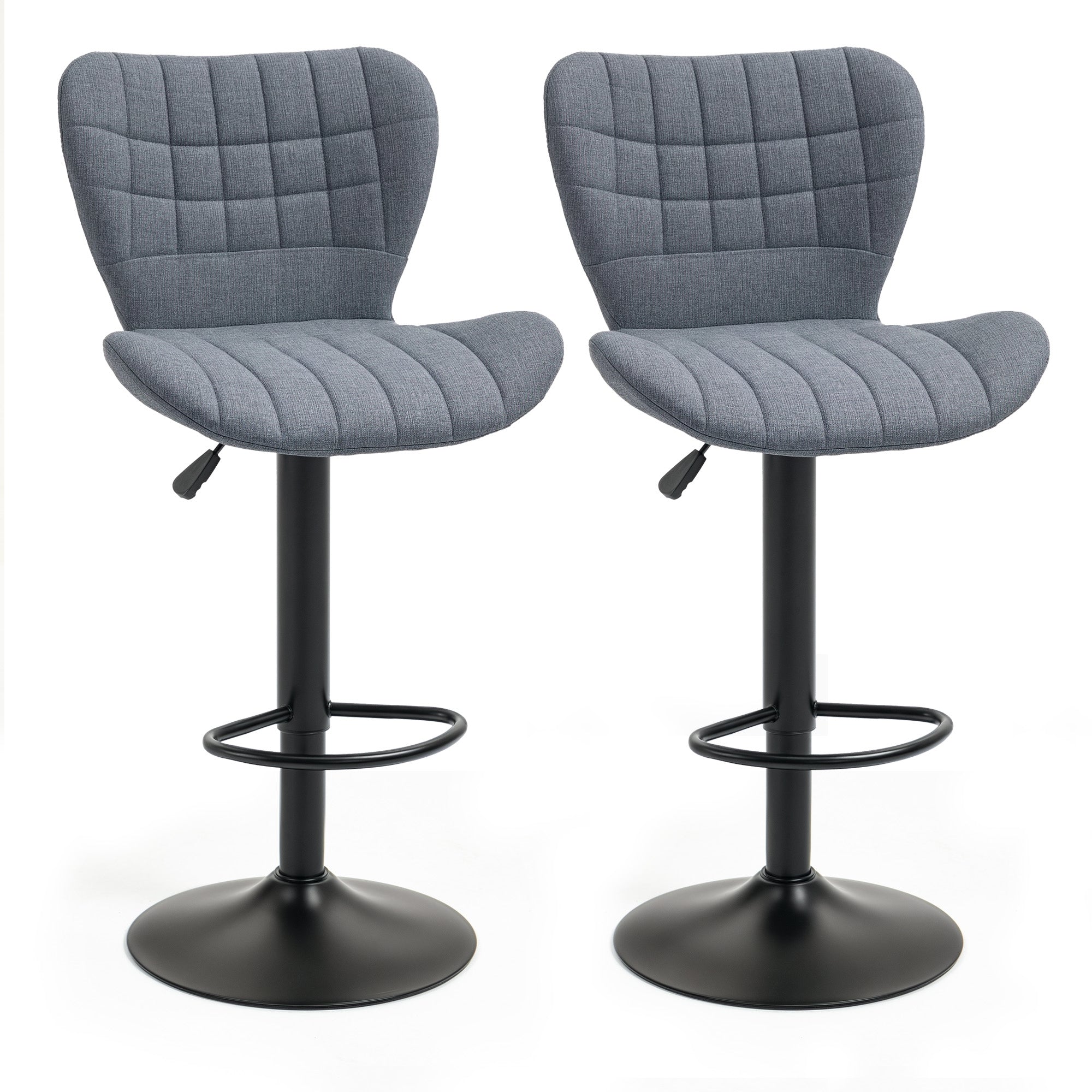 Bar Stools Set of 2, Adjustable Height Swivel Bar Chairs, Linen-feel Fabric Upholstered Kitchen Counter Stools with Wide Seat, Back and Footrest, Grey
