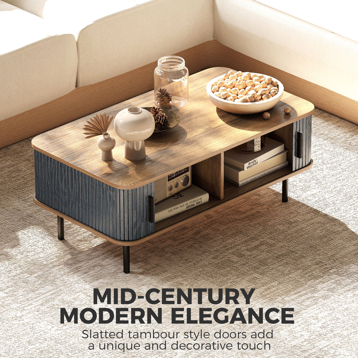 Nordic Side Table ምስ Fluted Tambour ዝንቀሳቐስ ማዕጾታትን ኣስራሓ እግሩን፣ መበሊ ዕቑር ንዘቕርብ ሳንዱቕ ንመቀመጢ ክፍሊ፣ ጸሊም