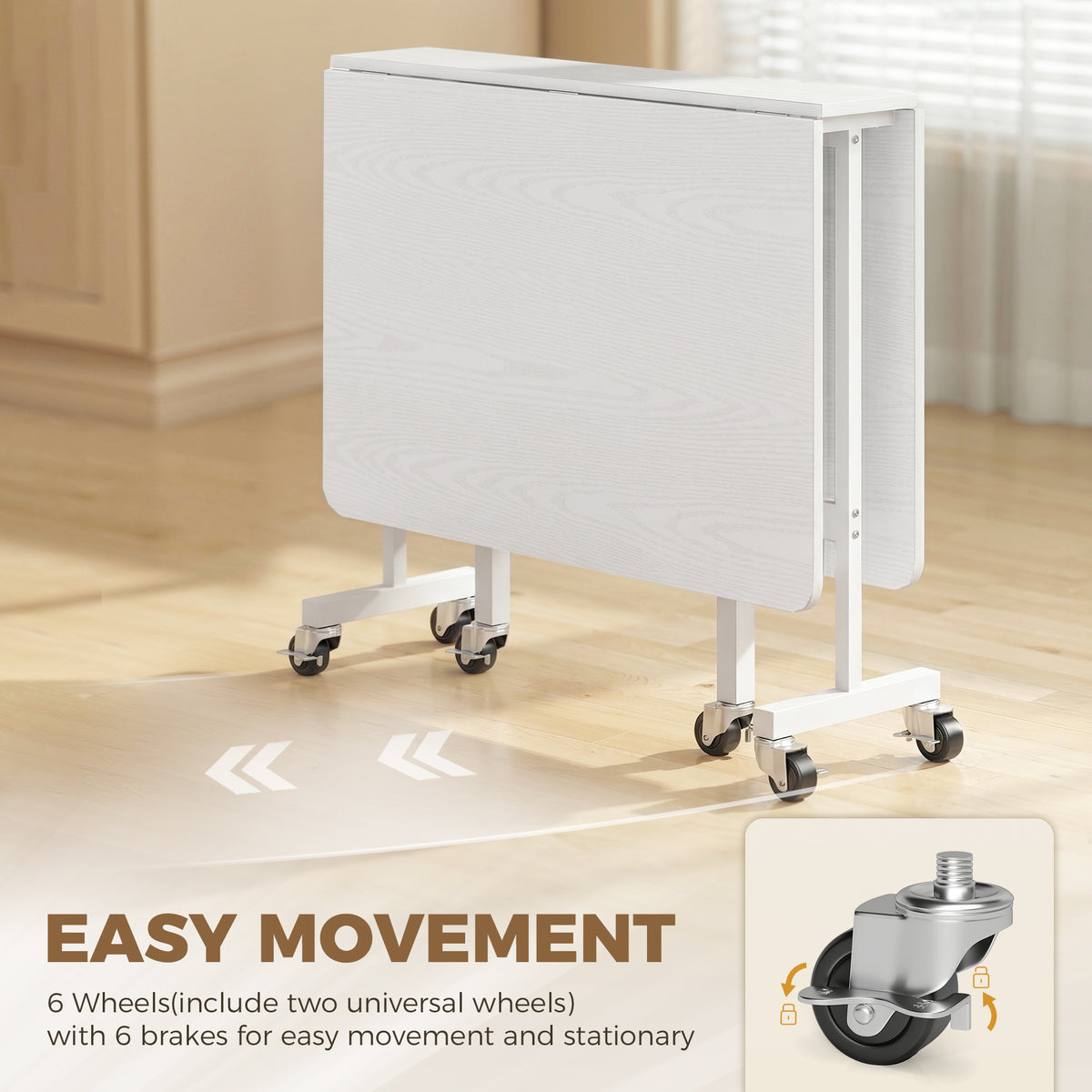 Six-Seater Drop-Leaf Dining Table with Wheels, White