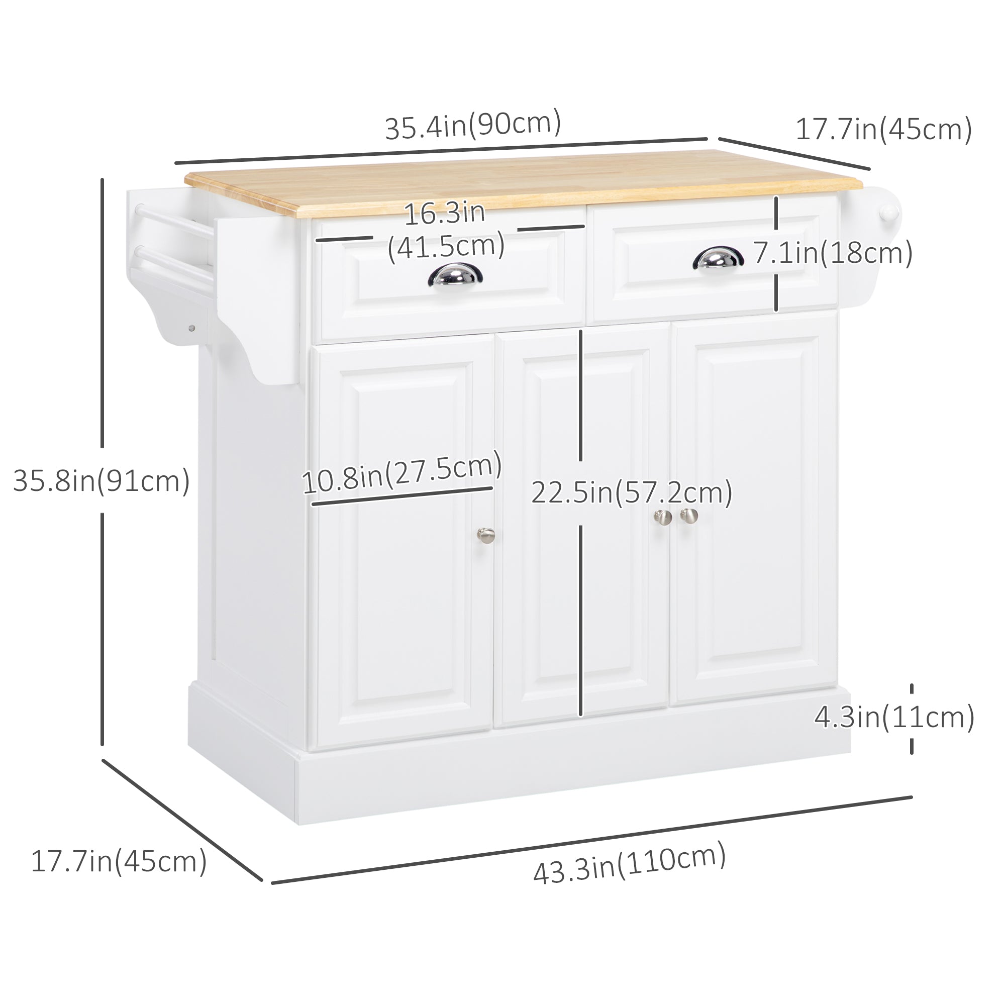 Kitchen Island with Storage Rolling Kitchen Serving Cart with Rubber Wood Top Towel Rack Storage Drawer Cabinet, Black