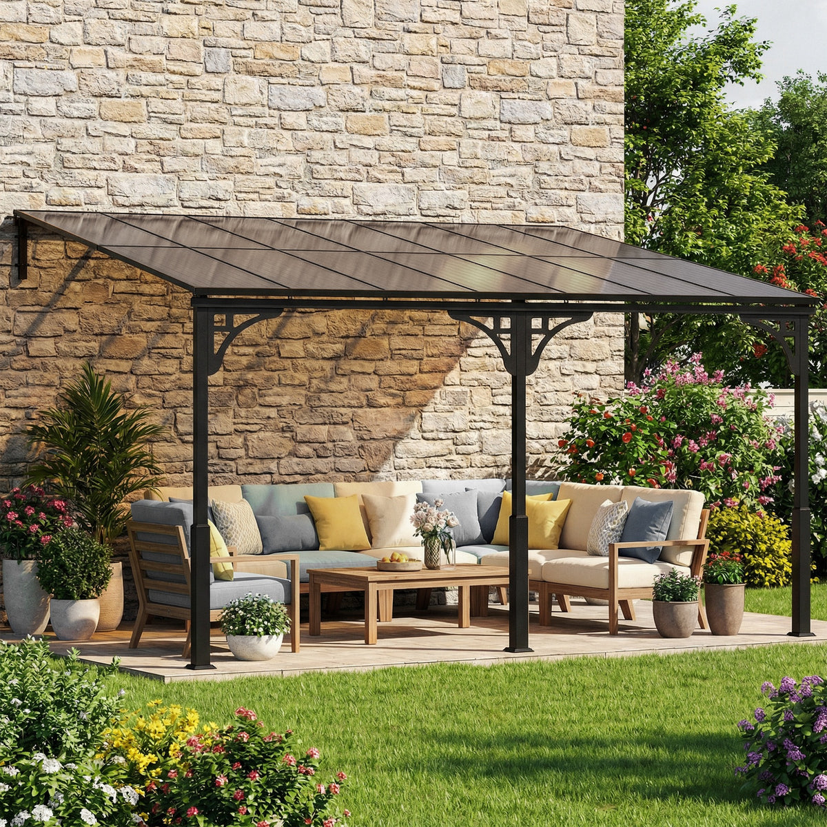 13' x 10' Lean to Gazebo, Hardtop Wall Mounted Outdoor Pergola with Polycarbonate Roof and Metal-Aluminium Frame