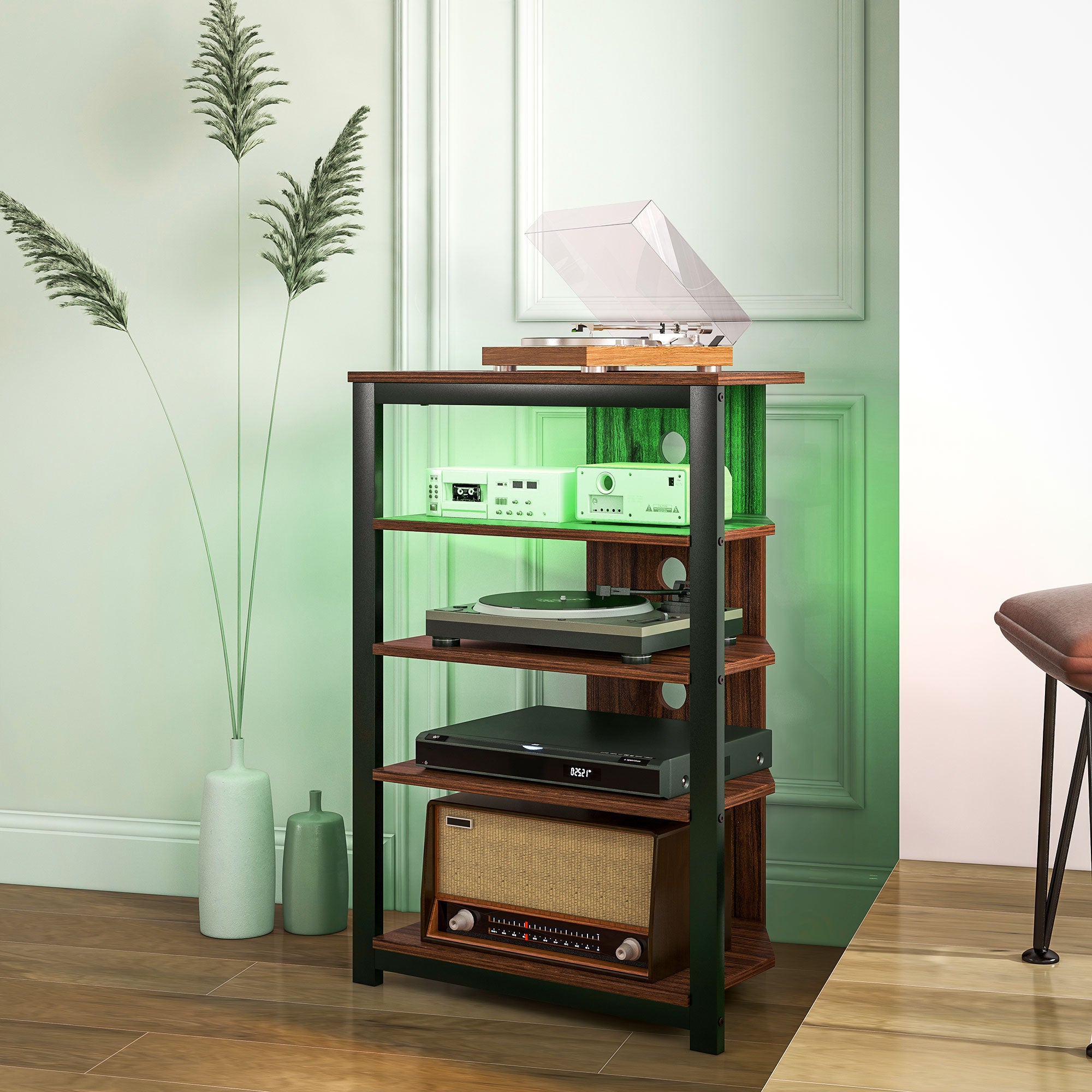 TV Stand for TVs up to 29", Entertainment Center with 4-Tier Storage Shelves and LED Lights for Living Room