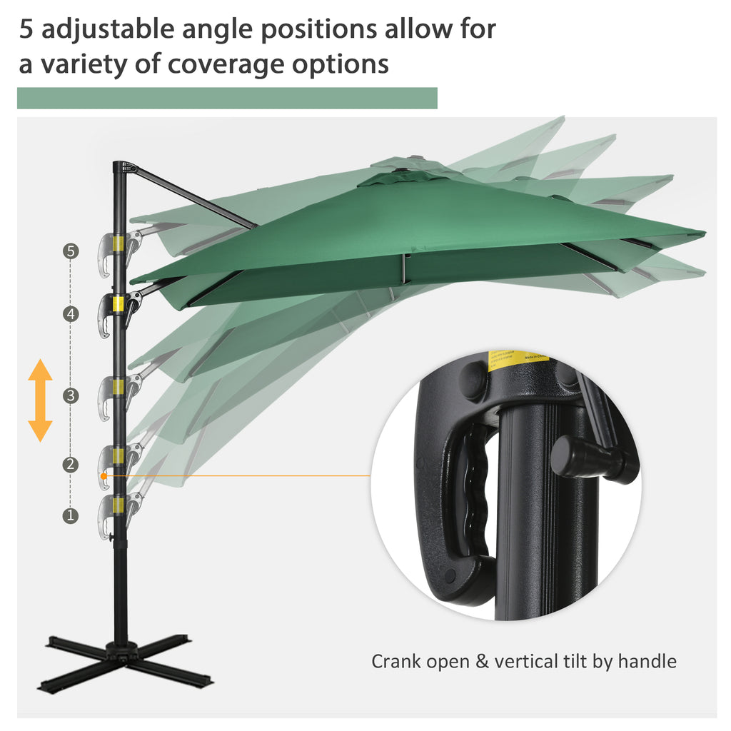 8' x 8' Square Cantilever Umbrella with 360° Rotation, Aluminum Outdoor Cantilever Market Parasol with Crank & Tilt, Garden Sun Canopy Shelter with Cross Base, Green