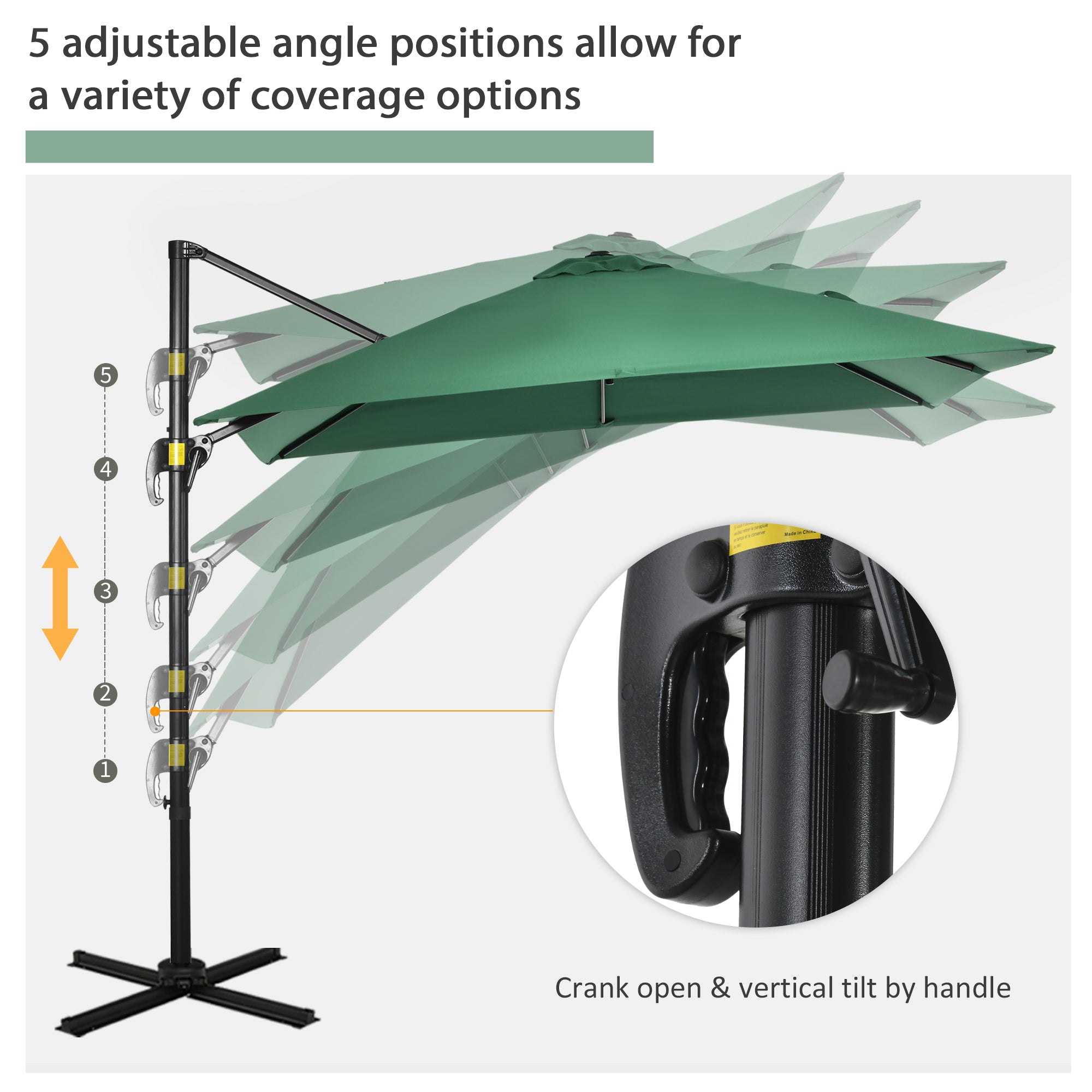 8' x 8' Square Cantilever Umbrella with 360° Rotation, Aluminum Outdoor Cantilever Market Parasol with Crank & Tilt, Garden Sun Canopy Shelter with Cross Base, Green