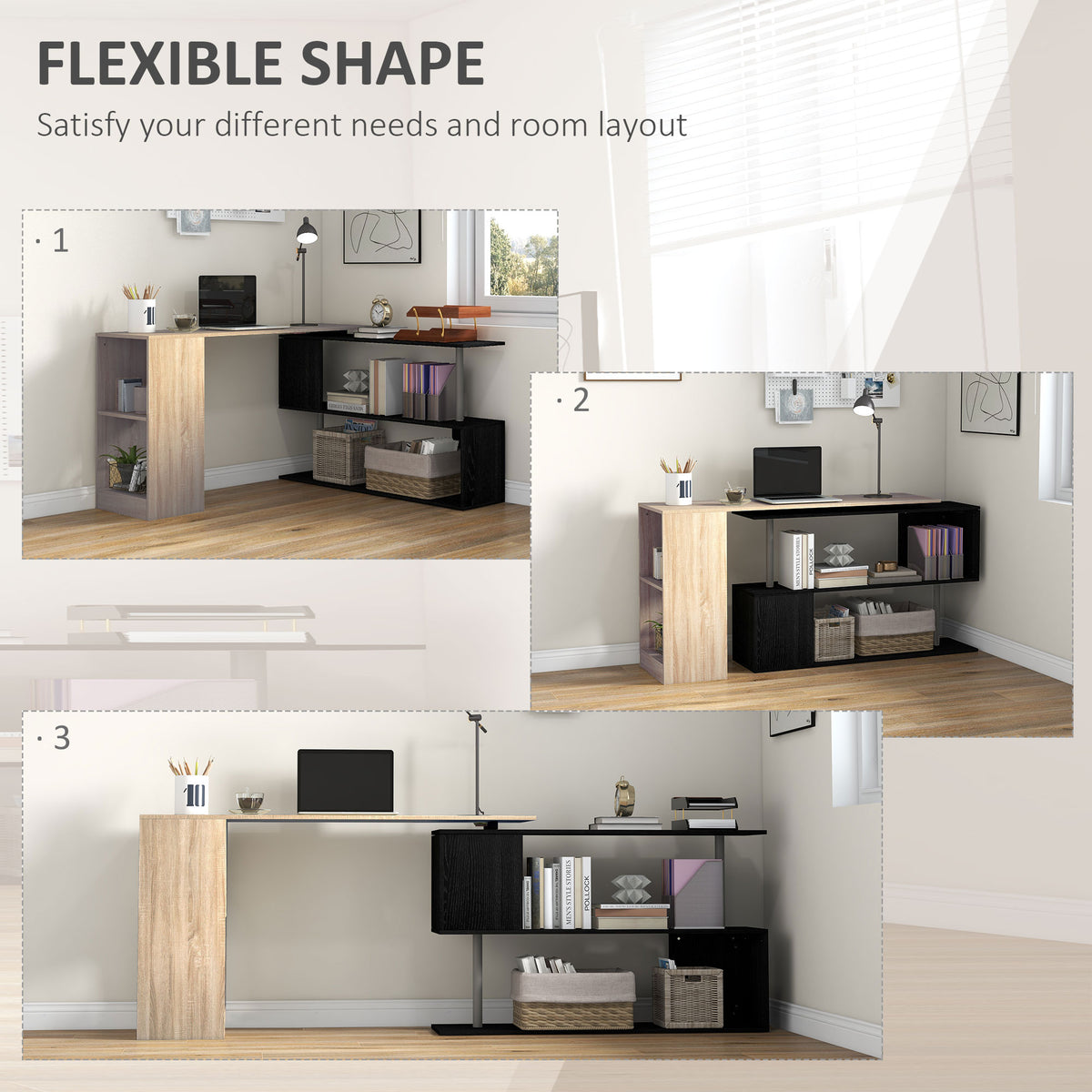 55" Corner Computer Desk, 360° Rotating L-Shaped Desk, Home Office Workstation with 3-Tier Shelves, Bookshelf, White
