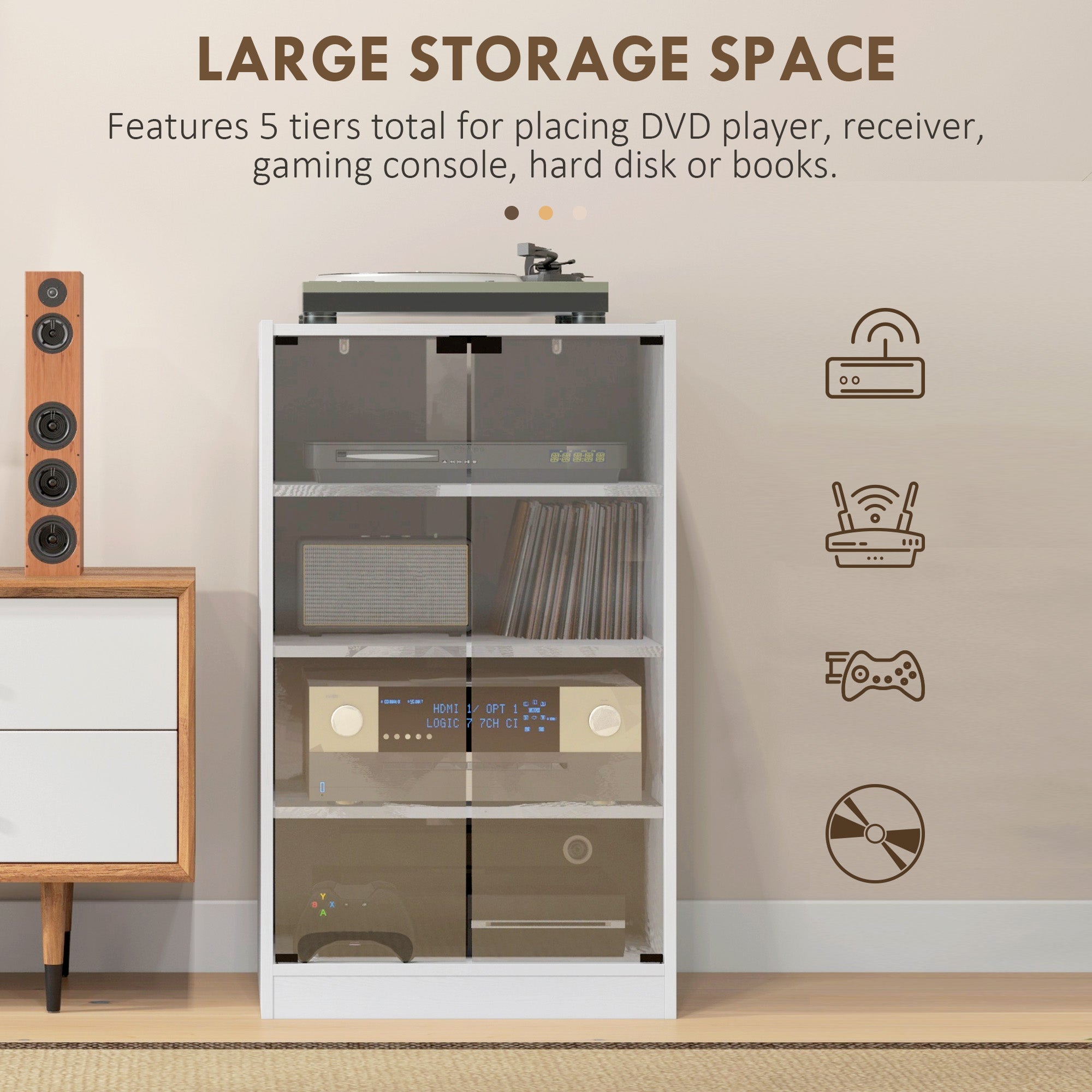 5-Tier Media Cabinet, Media Stand with Adjustable Shelves, Tempered Glass Doors, and Cable Management, Distressed White