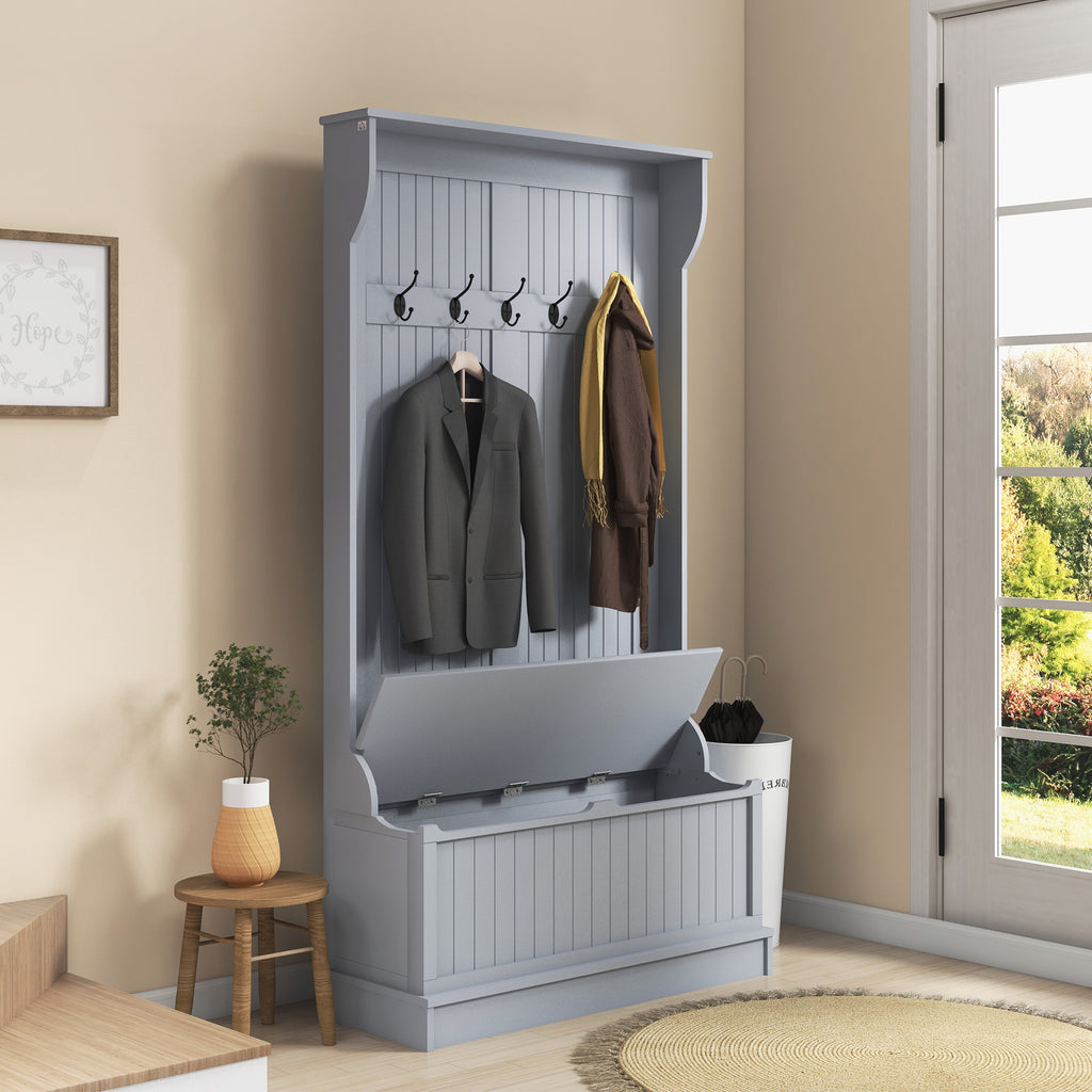 4-In-1 Hall Tree with Coat Rack, Top Shelf, Shoe Storage and Bench Seat, Entryway Bench with 4 Hooks