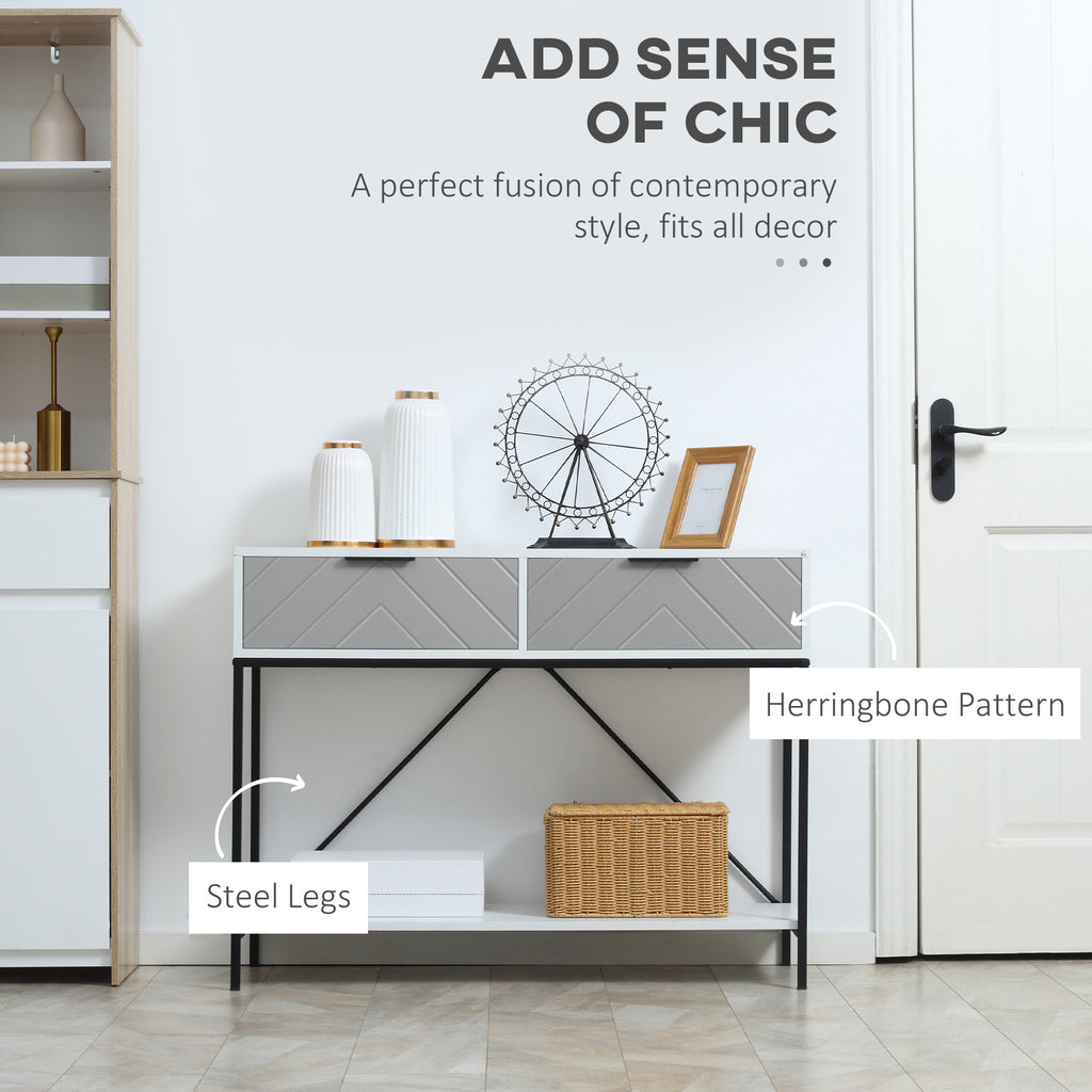 Modern Console Table with 2 Drawers, 2 Tier Entryway Table with storage Shelf, Narrow Sofa Table for Living Room, Hallway, White