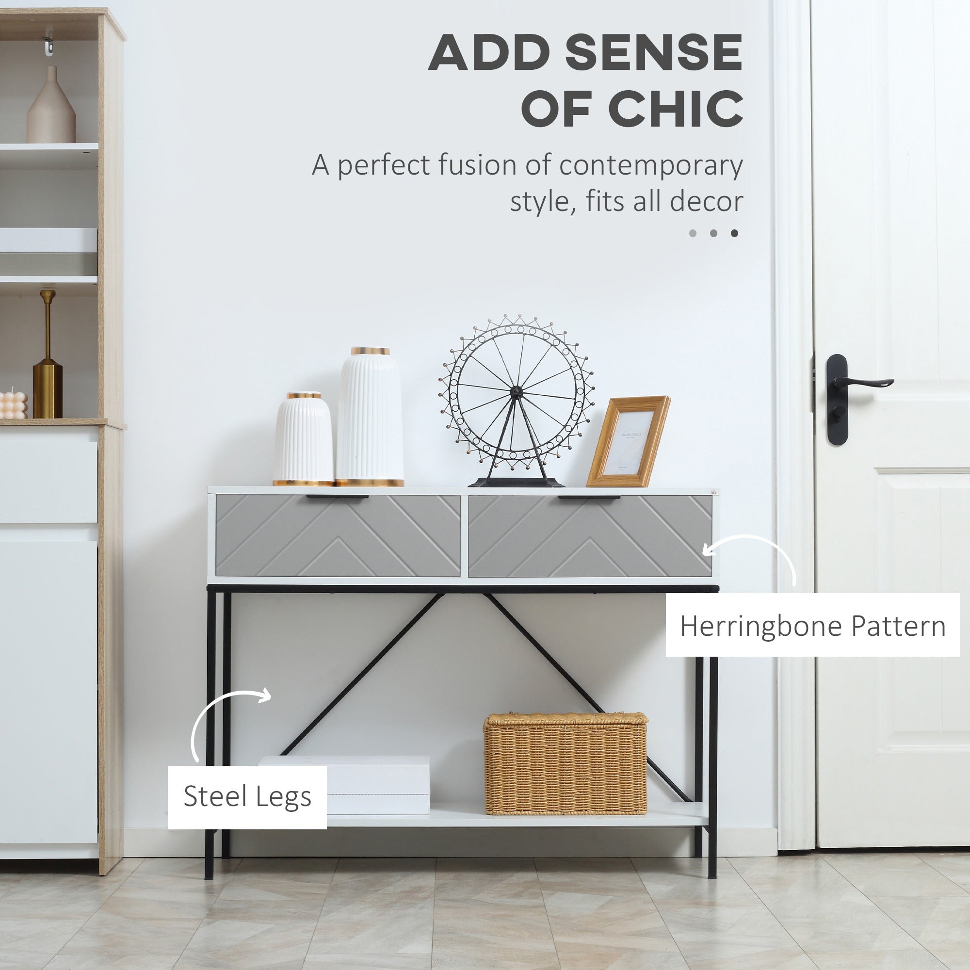 Modern Console Table with 2 Drawers, 2 Tier Entryway Table with storage Shelf, Narrow Sofa Table for Living Room, Hallway, White