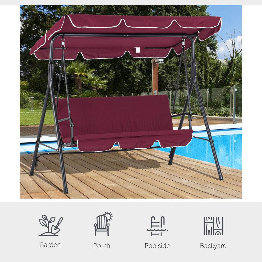 3-Seater Outdoor Porch Swing with Adjustable Canopy, Patio Swing Chair for Garden, Poolside, Backyard, Wine Red