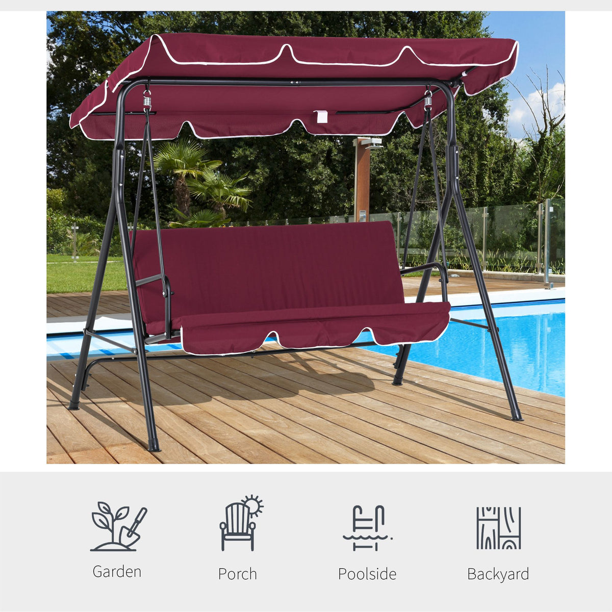 3-Seater Outdoor Porch Swing with Adjustable Canopy, Patio Swing Chair for Garden, Poolside, Backyard, Wine Red