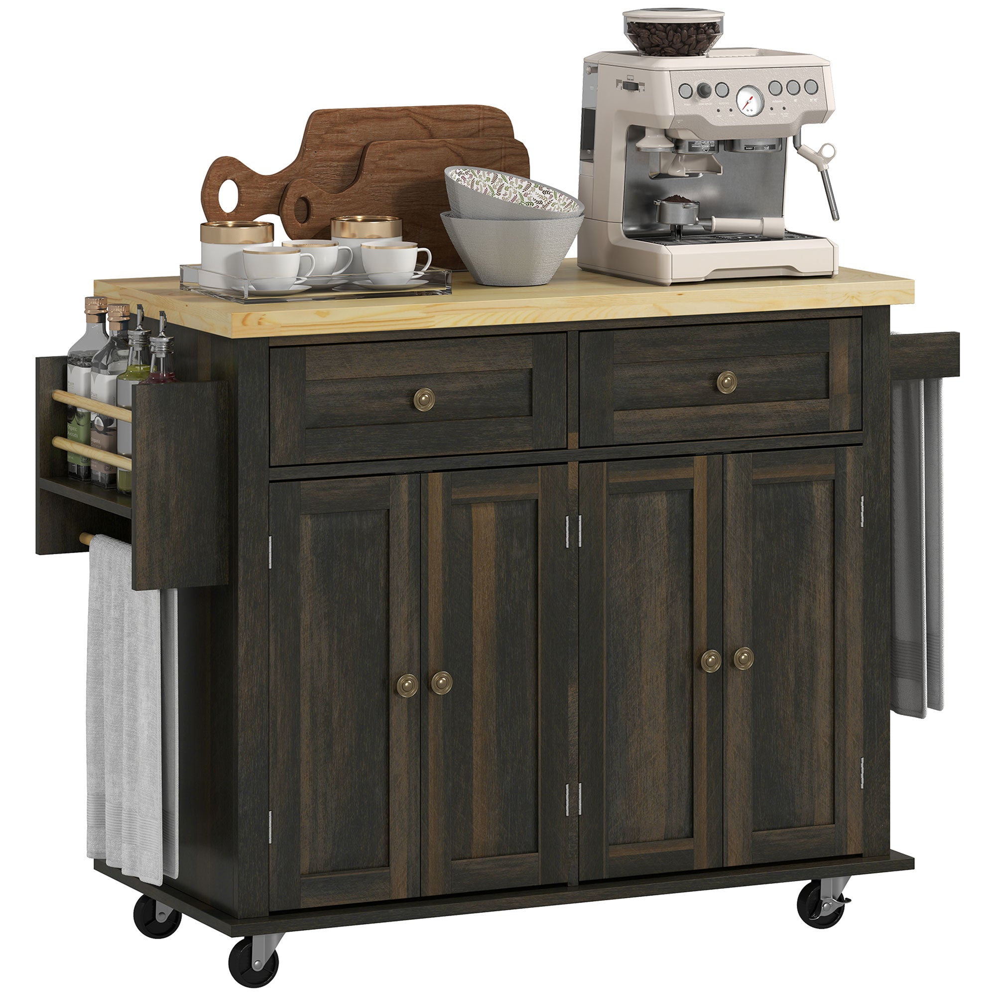 Kitchen Island with Storage, Rolling Trolley Cart with Rubber Wood Top, Spice Rack, Towel Rack, Grey