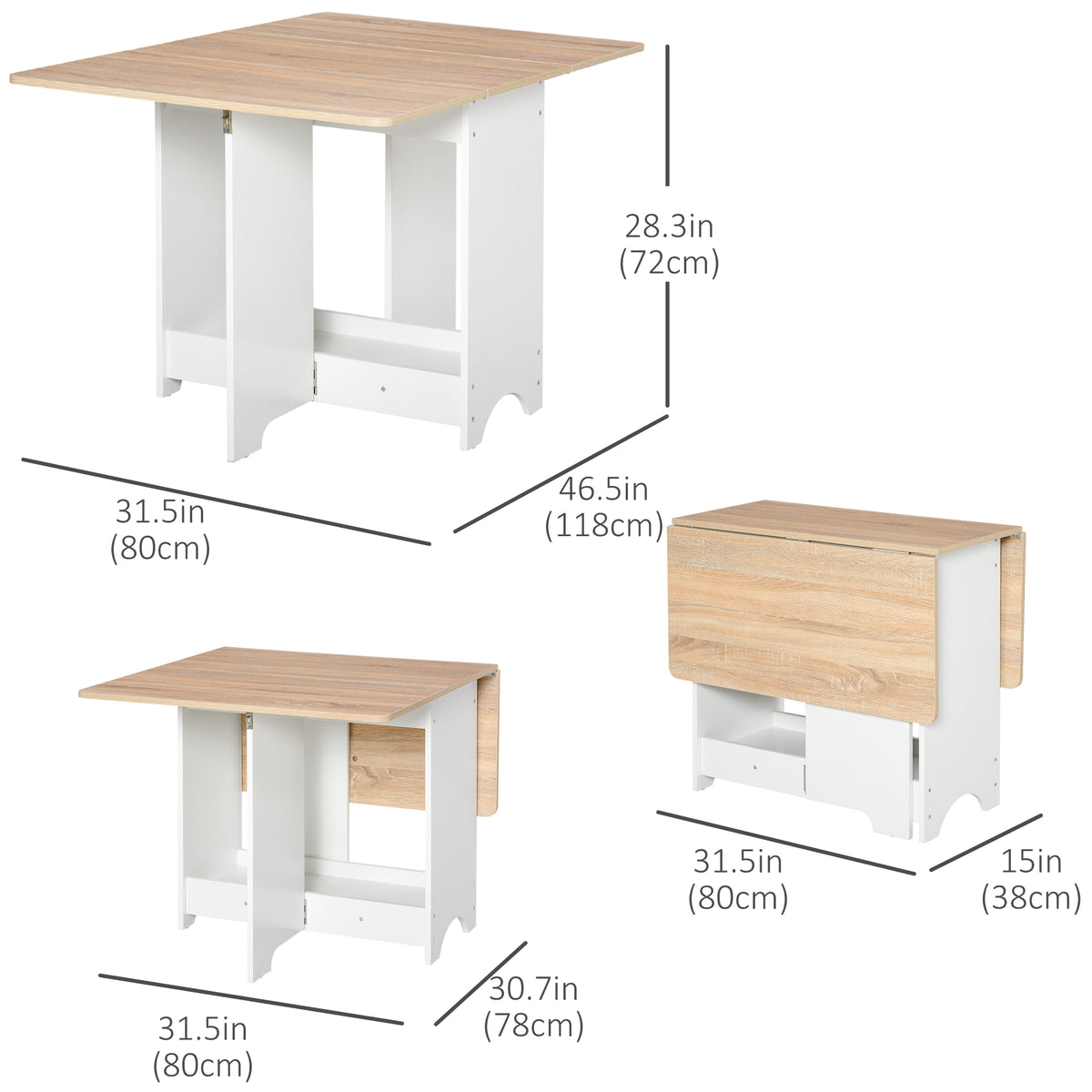 Foldable Dining Table, Folding Table with Storage Shelf, Drop-Leaf Kitchen Table for Dining Room, Oak