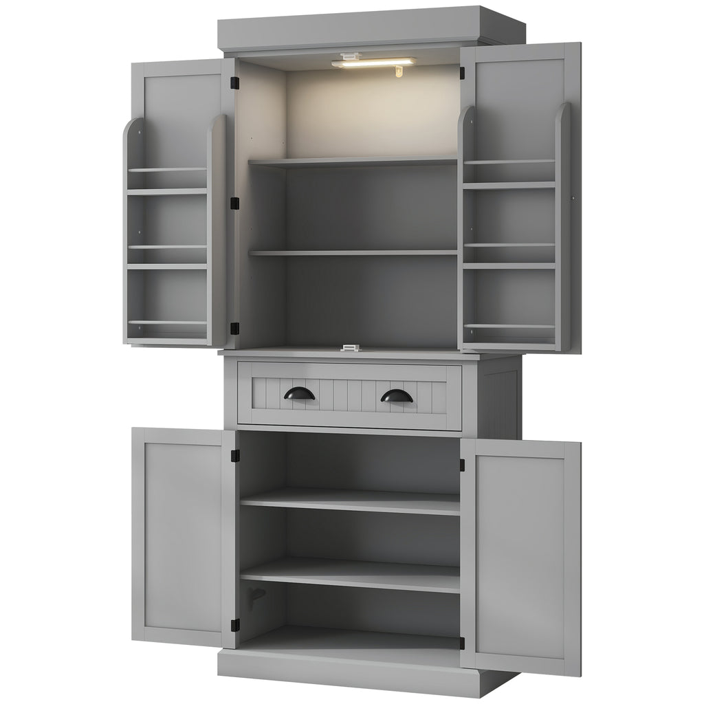 71" Kitchen Pantry Cabinet with LED Lights, 6 Spice Racks, a Drawer and 4 Adjustable Shelves, White