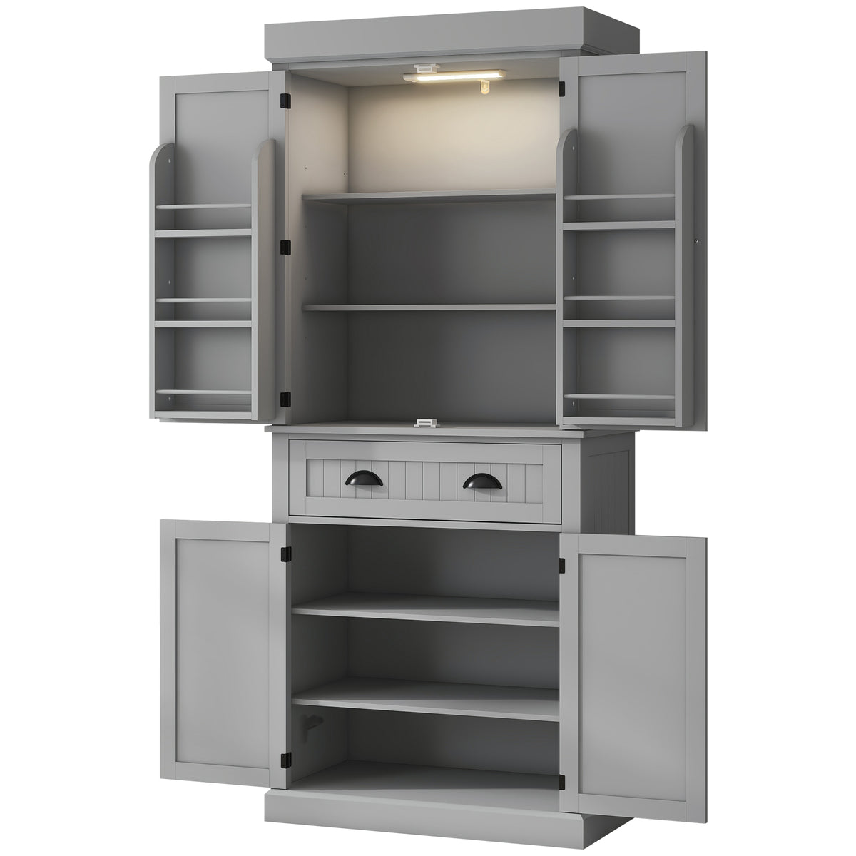 71" Kitchen Pantry Cabinet with LED Lights, 6 Spice Racks, a Drawer and 4 Adjustable Shelves, White